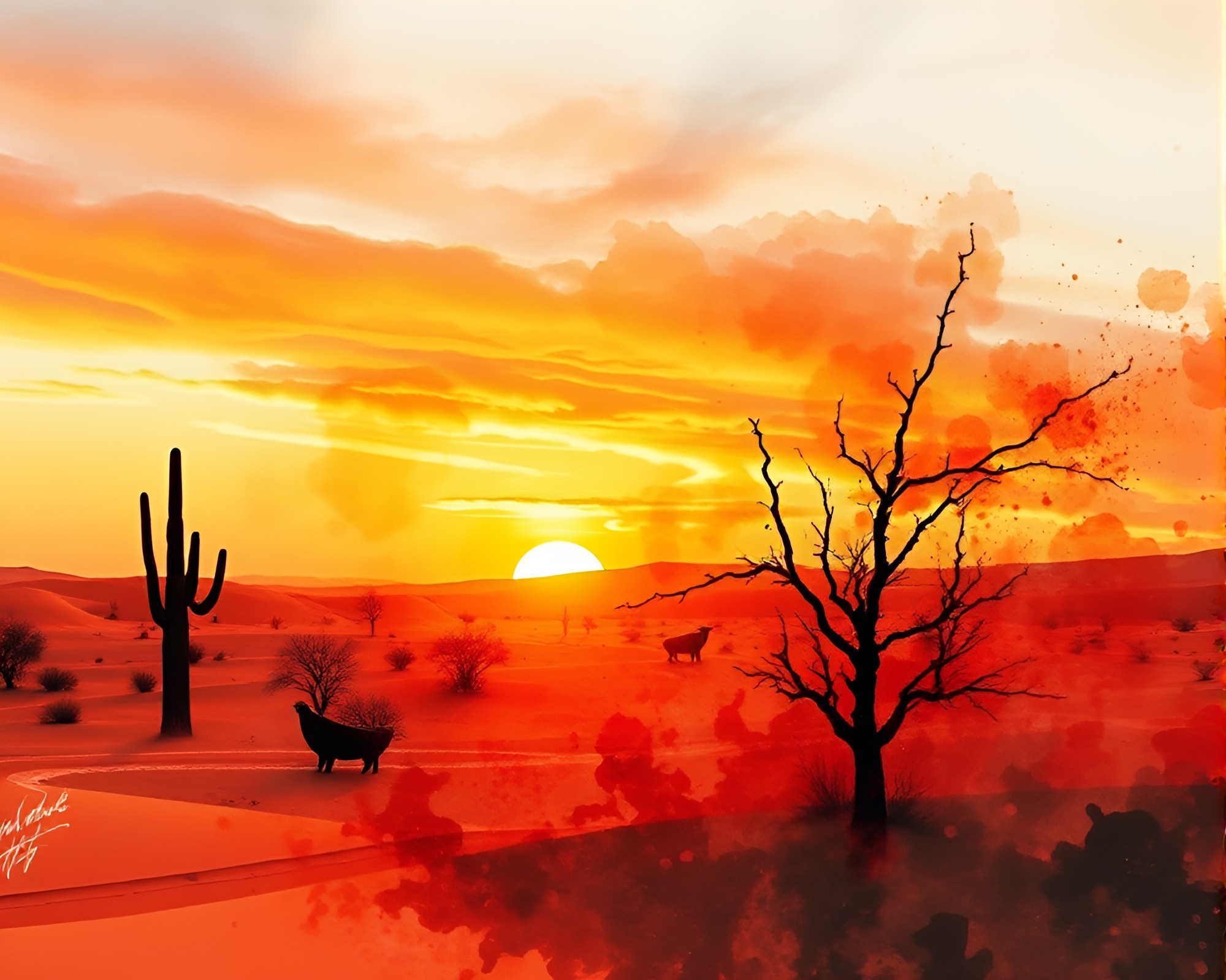 Ink Splash Chimera at Desert Sunset – free AI stock image