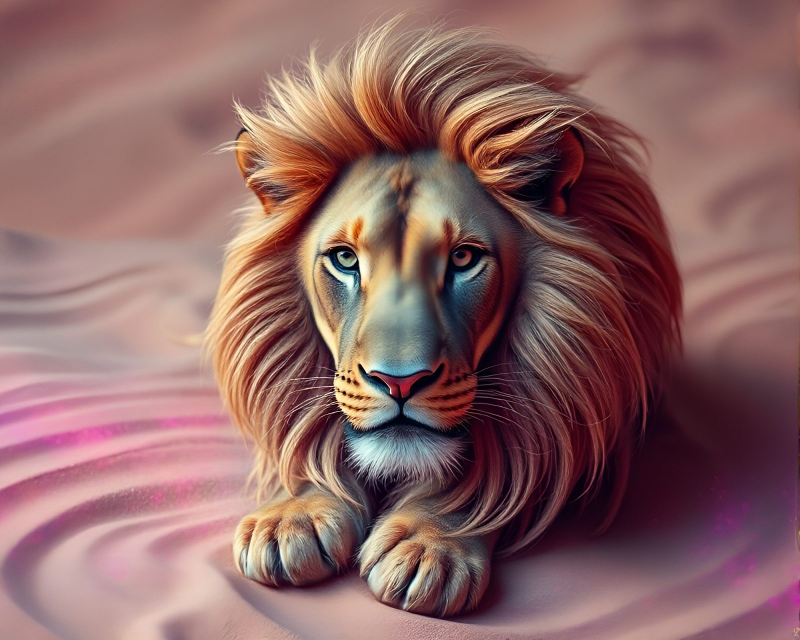 Majestic lion in cosmic-hued swirls on duochrome sands