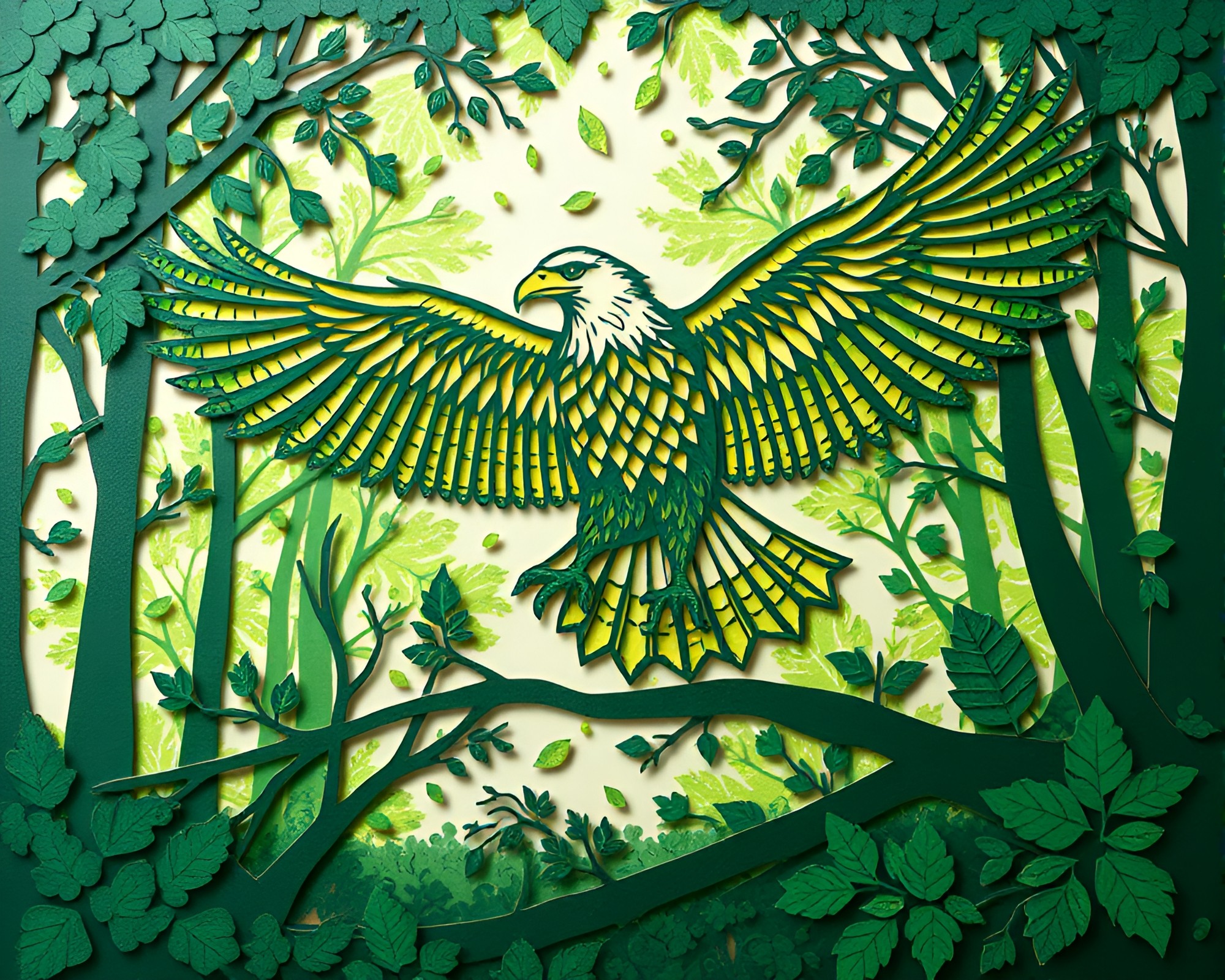 Enchanted Eagle Kaleidoscope: Forest Green Paper Cutout Art – free AI stock image