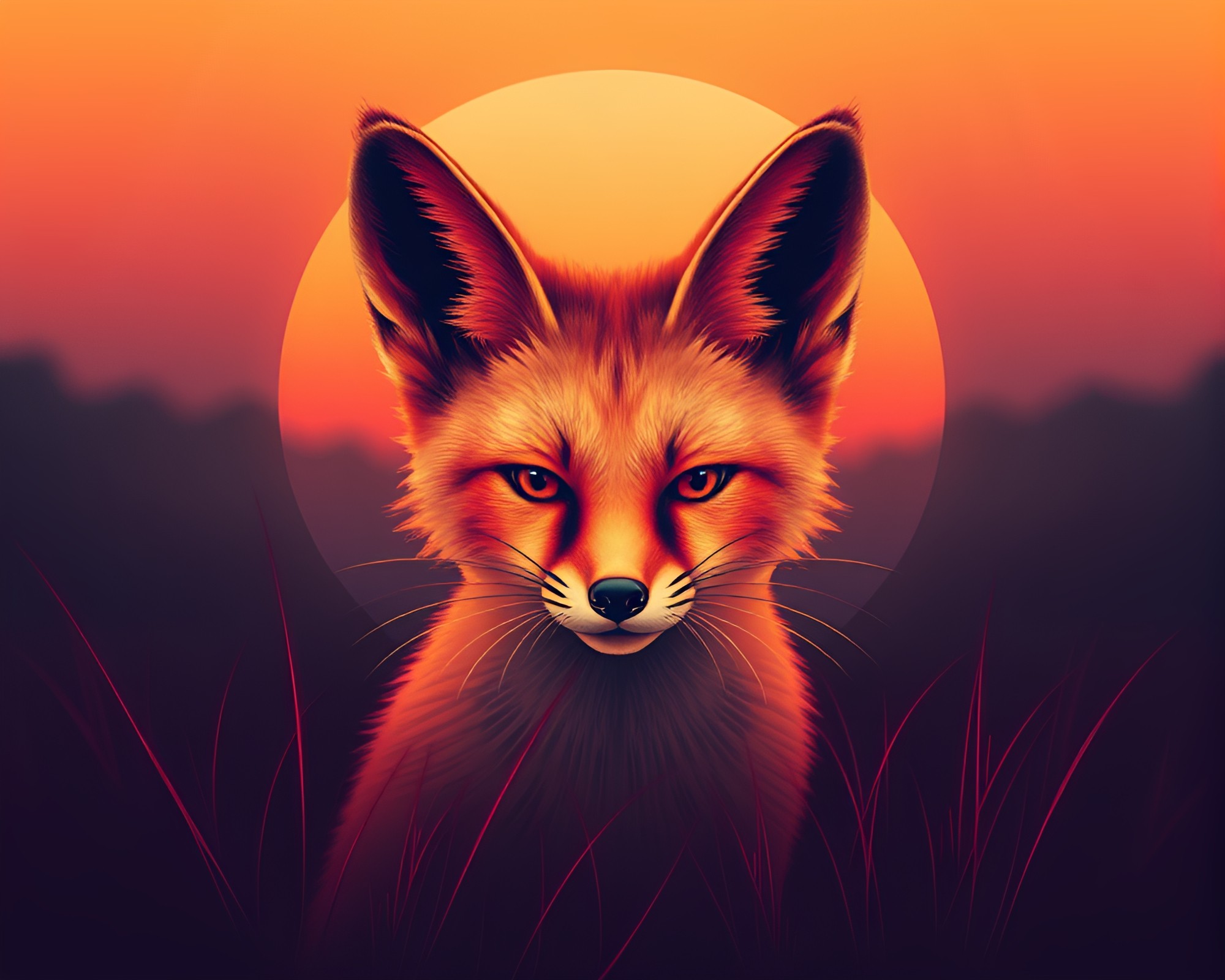 Synthwave Sunset with Fennec Fox Center Composition – free AI stock image