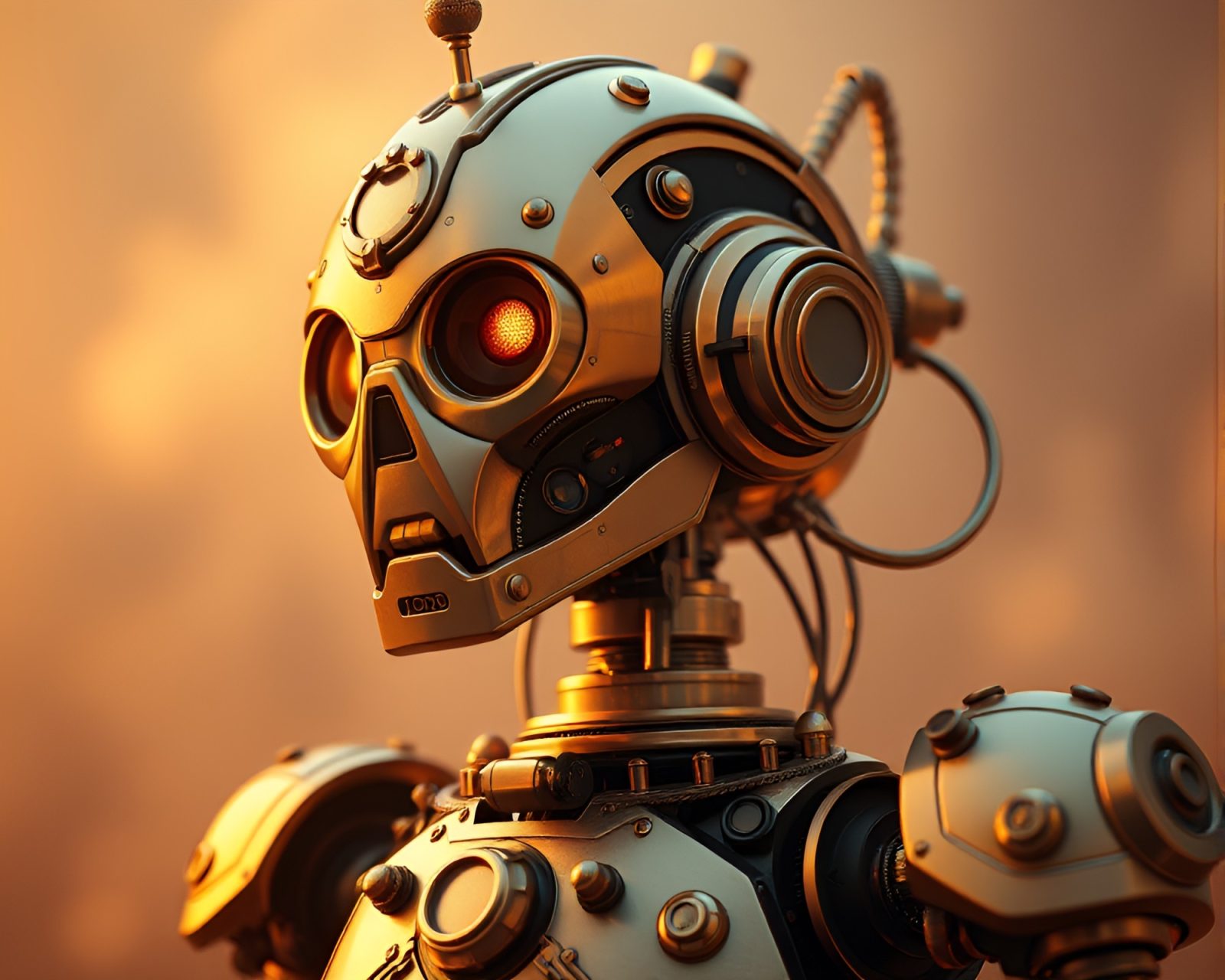 High-poly 3D render of steampunk robot in savannah