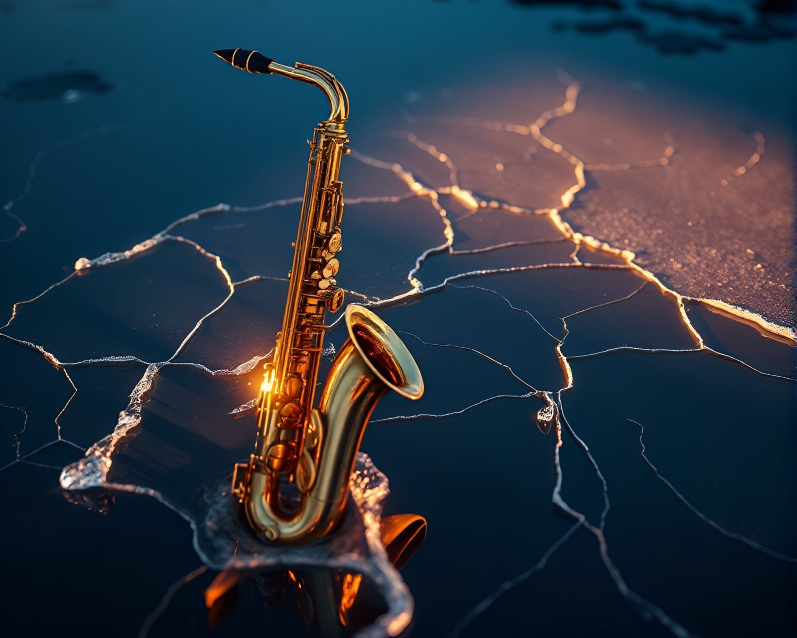 Intricate ice crack reflecting saxophonist in hard shadow.
