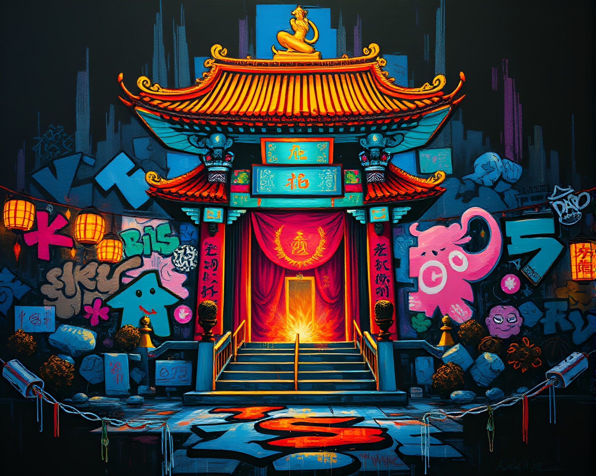 Temple of Pixelated Light: Sumi-e Graffiti Mural – free AI stock image