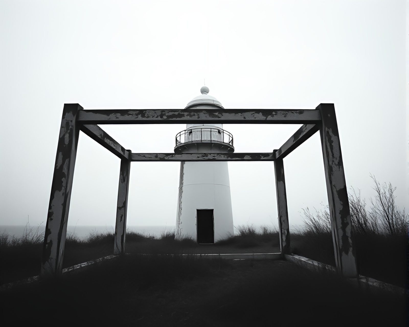 Dark, high-contrast image of an eerie abandoned lighthouse