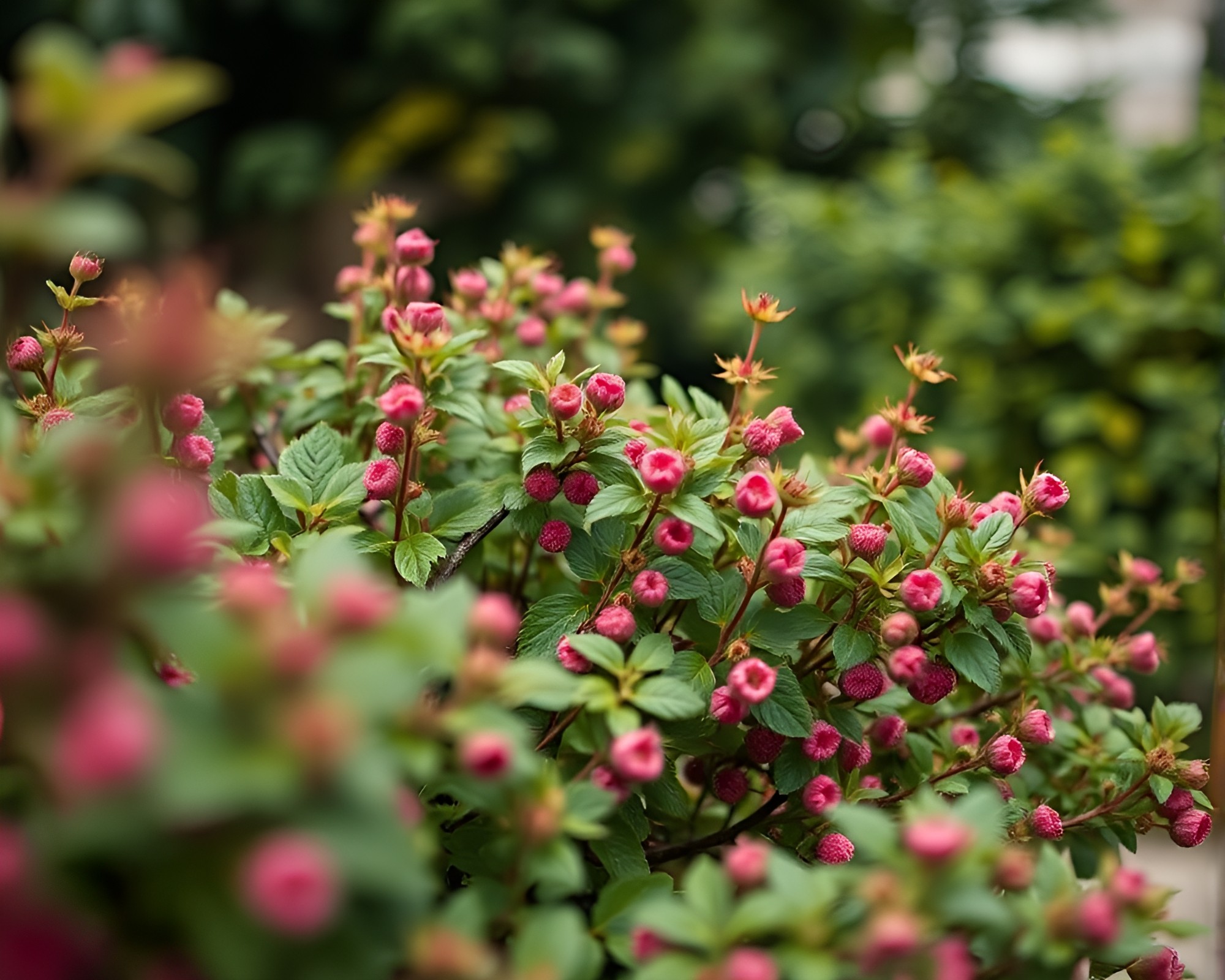 Raspberry Bush in Miniature Pastel Wonderland Photography – free AI stock image