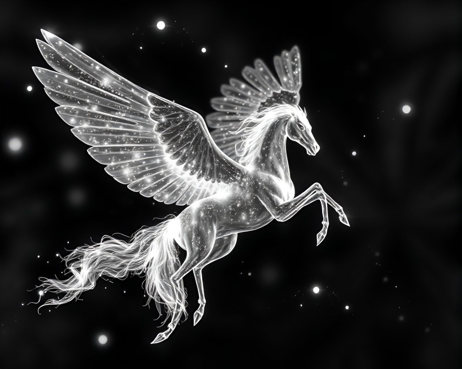 Majestic Pegasus outlined in fractal shapes with glowing fireflies