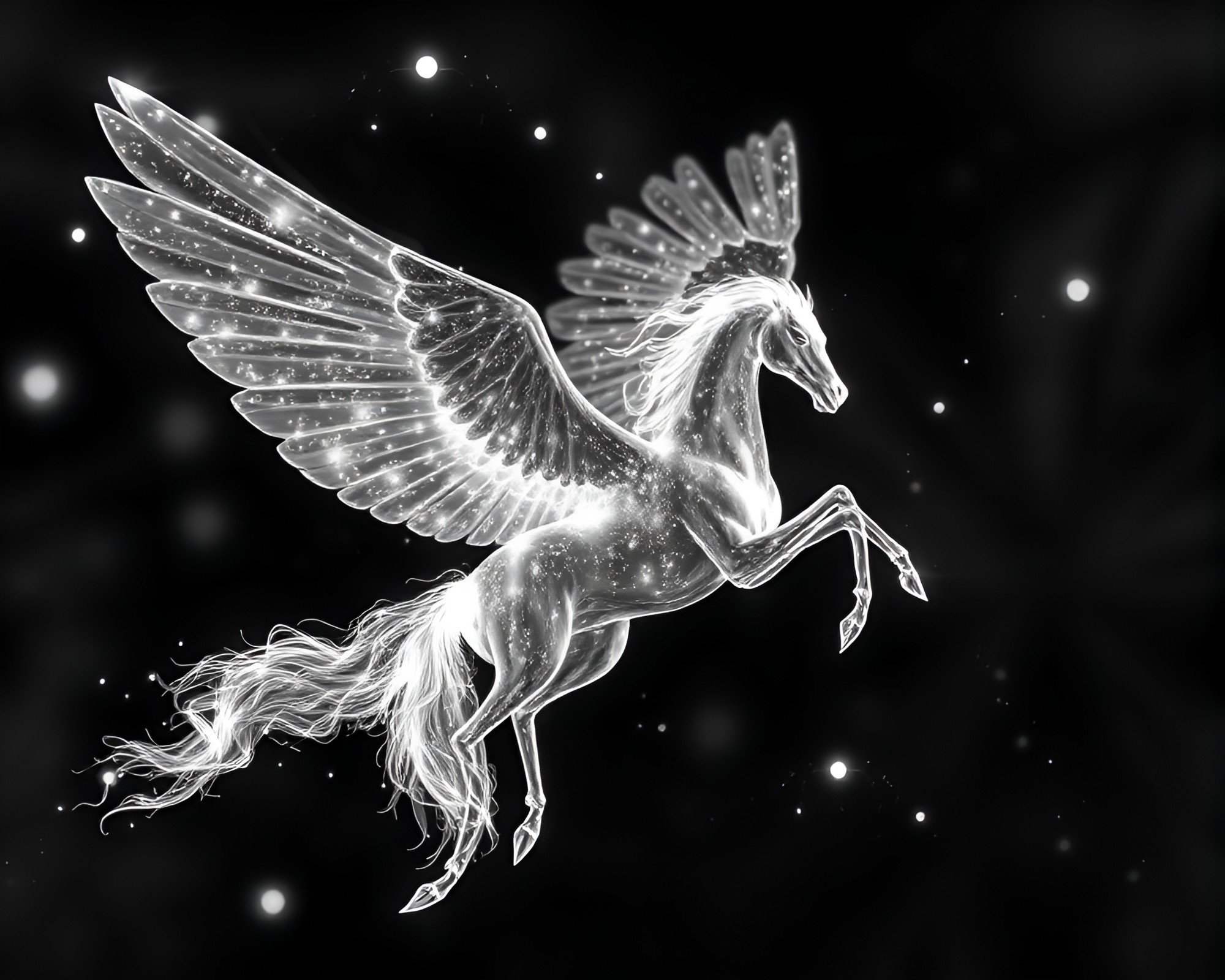Fractal Pegasus in Monochrome with Firefly Illumination – free AI stock image