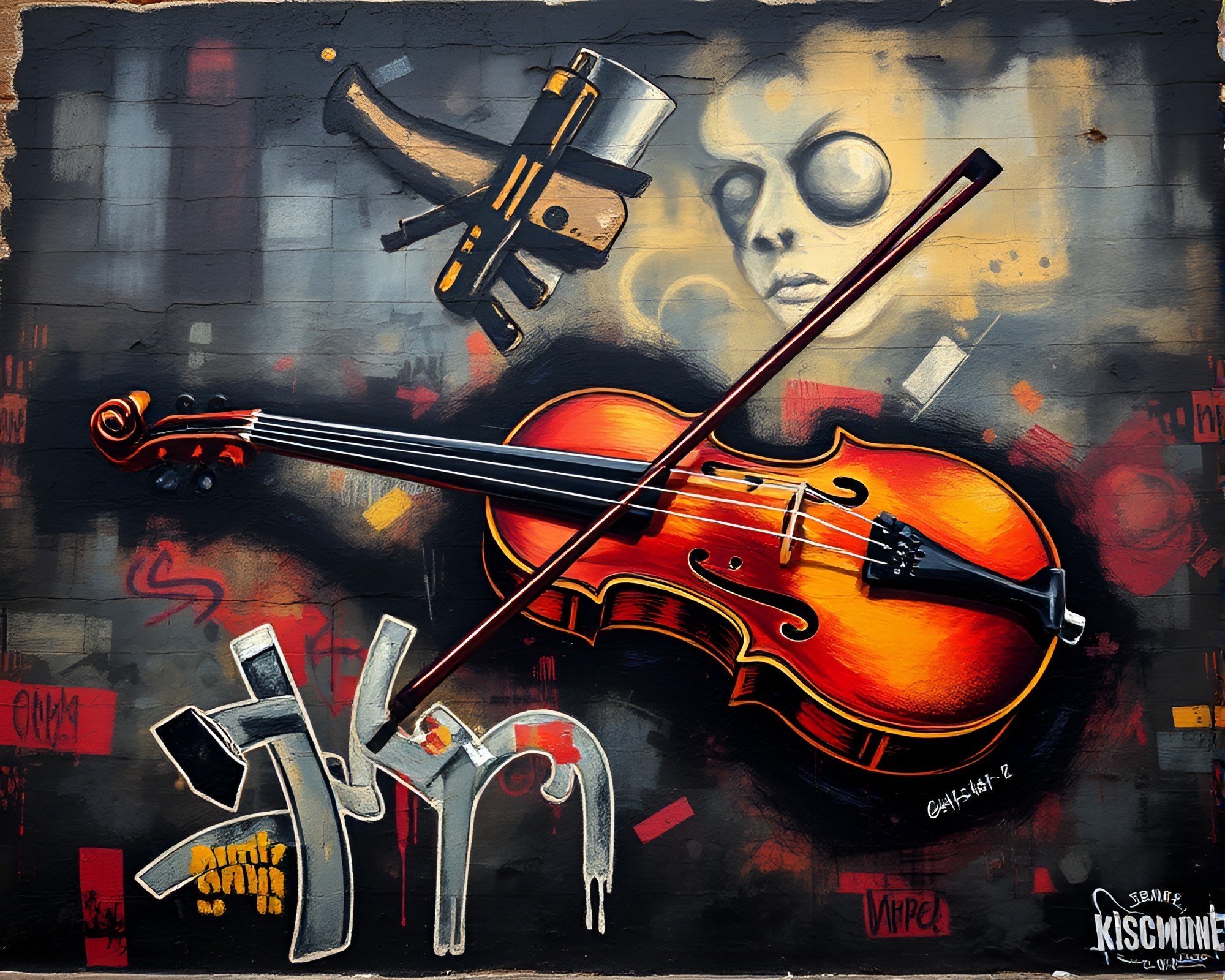 Dramatic Chiaroscuro Violin Mural Fresco – free AI stock image