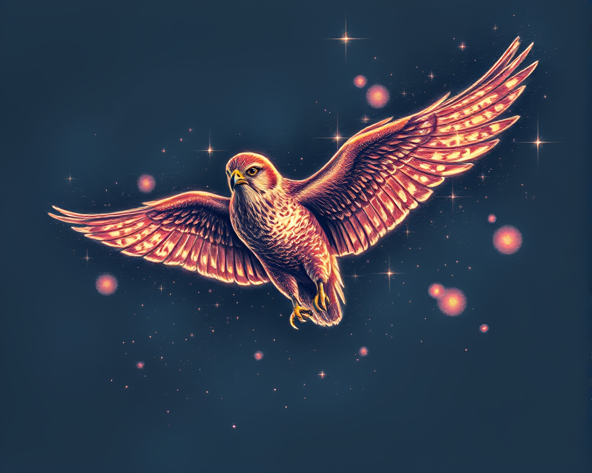 Falcon in Engraved Etching Style with Fairy Light Sparkle – free AI stock image