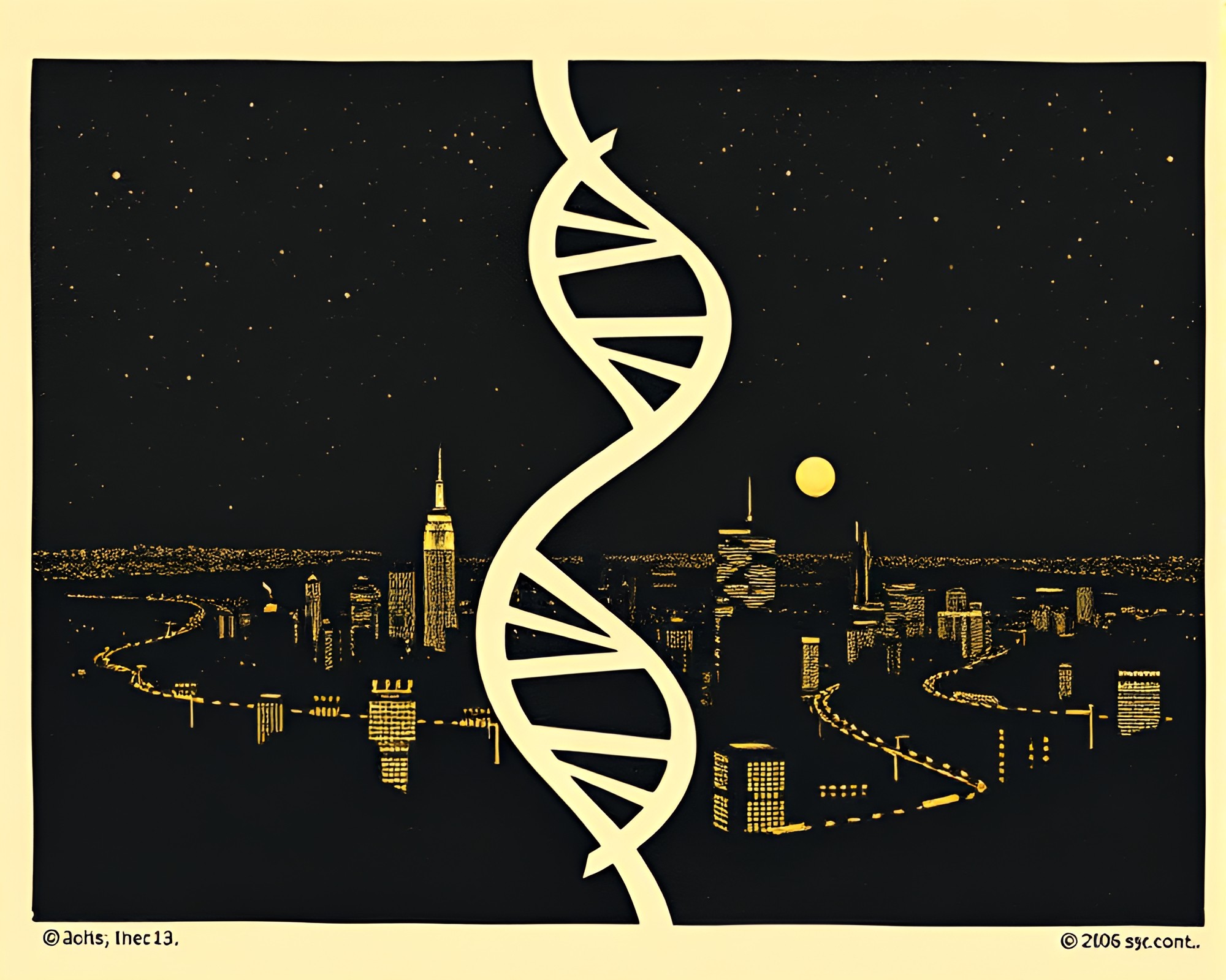 DNA Helix Silhouette against City Lights Woodblock Print – free AI stock image