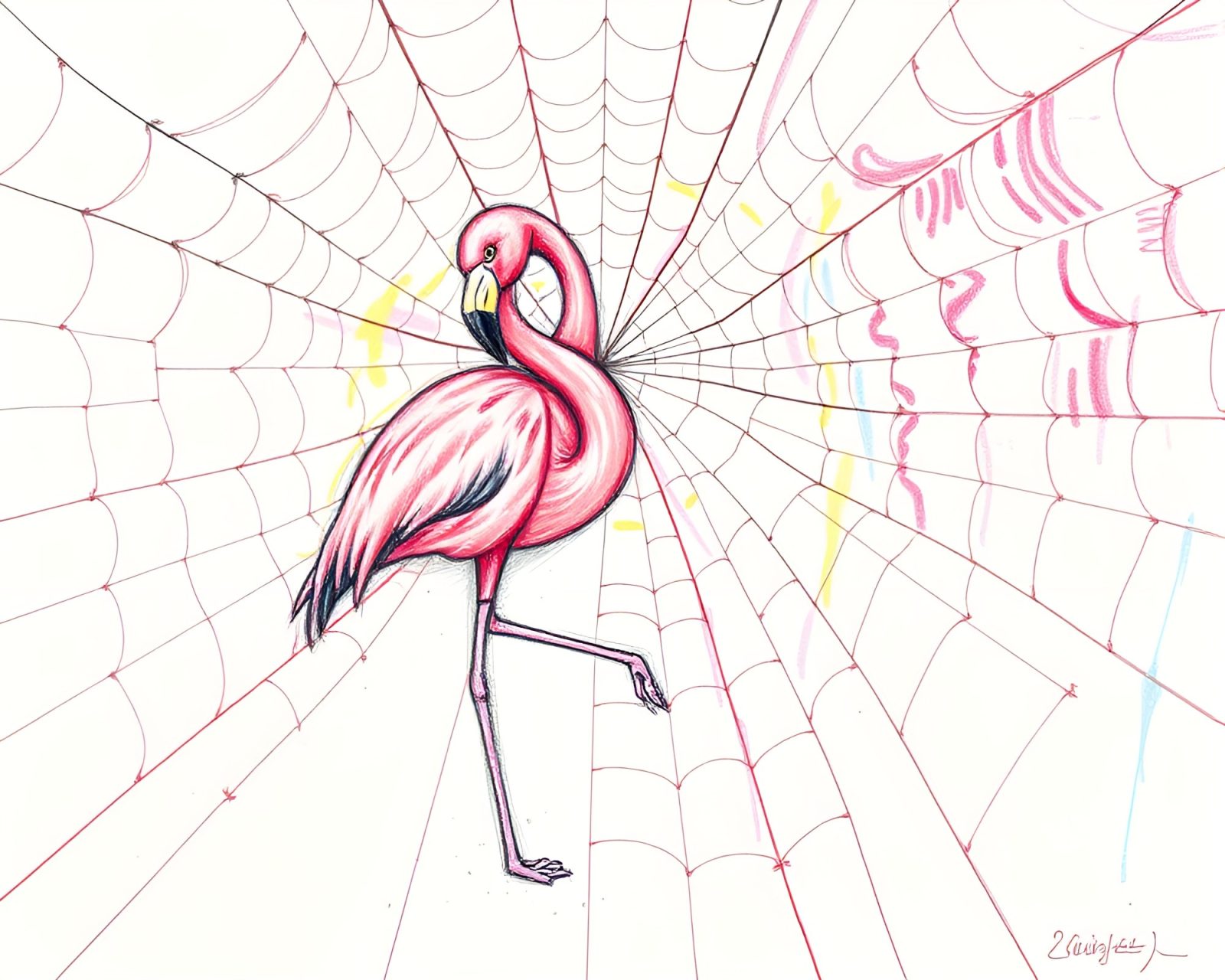 Pencil sketch of vibrant flamingo amidst glitchy cobwebs