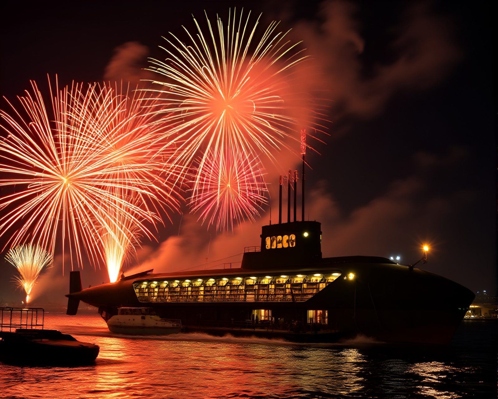 Surreal stereograph of a glowing submarine under fireworks