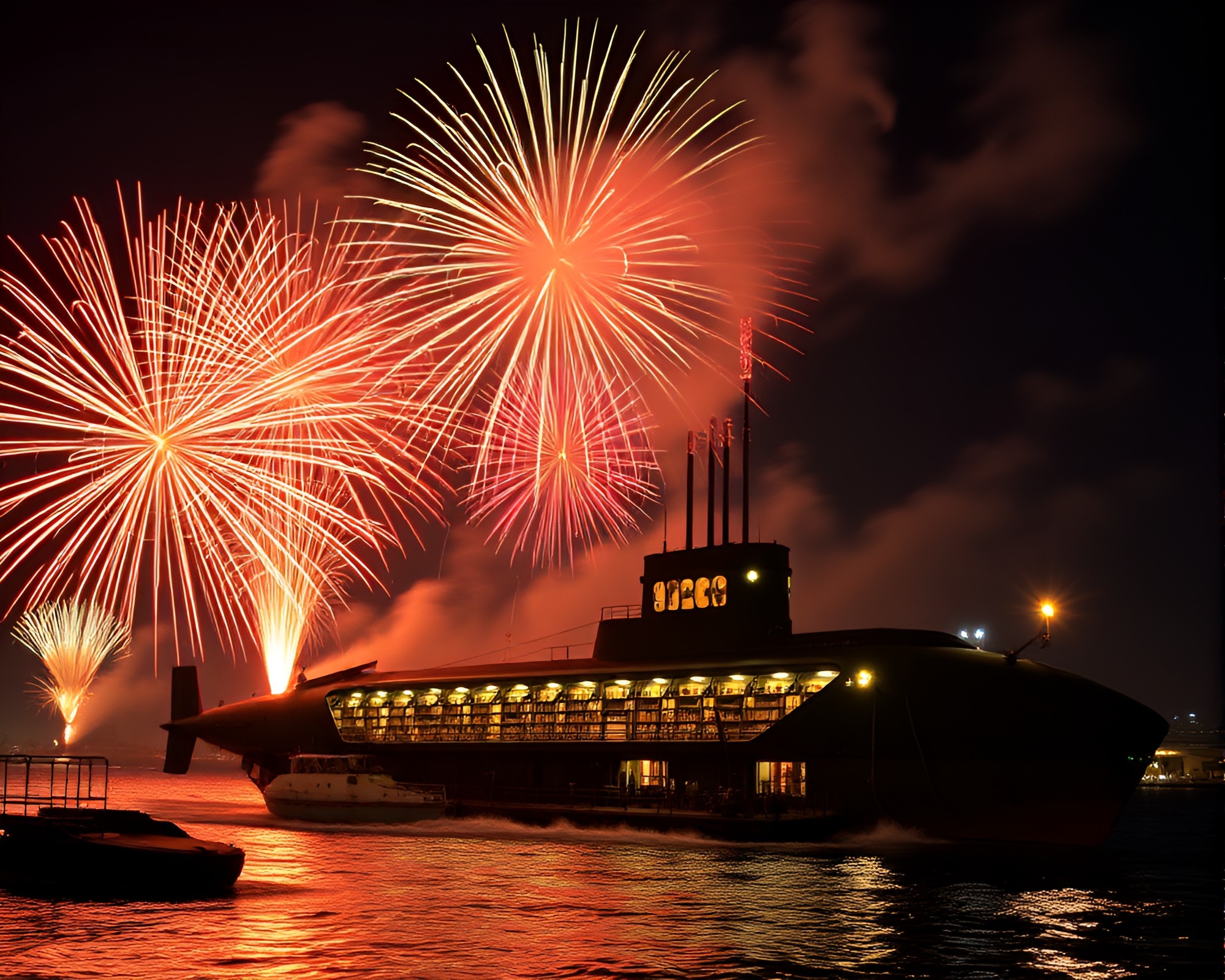 Fireworks Submarine Illuminated by Library Lamp Light – free AI stock image