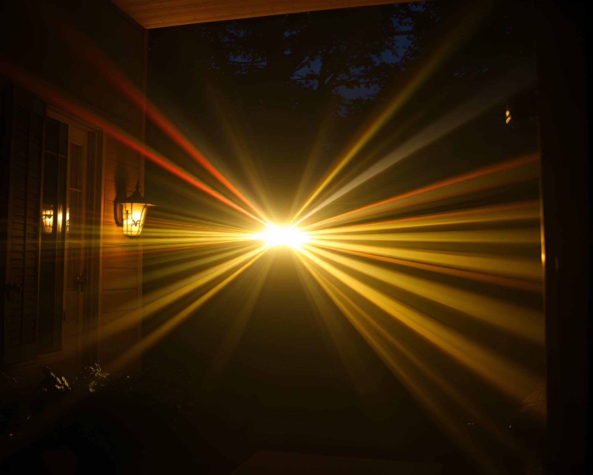 Trumpet playing beams under porchlight in tri-tone – free AI stock image