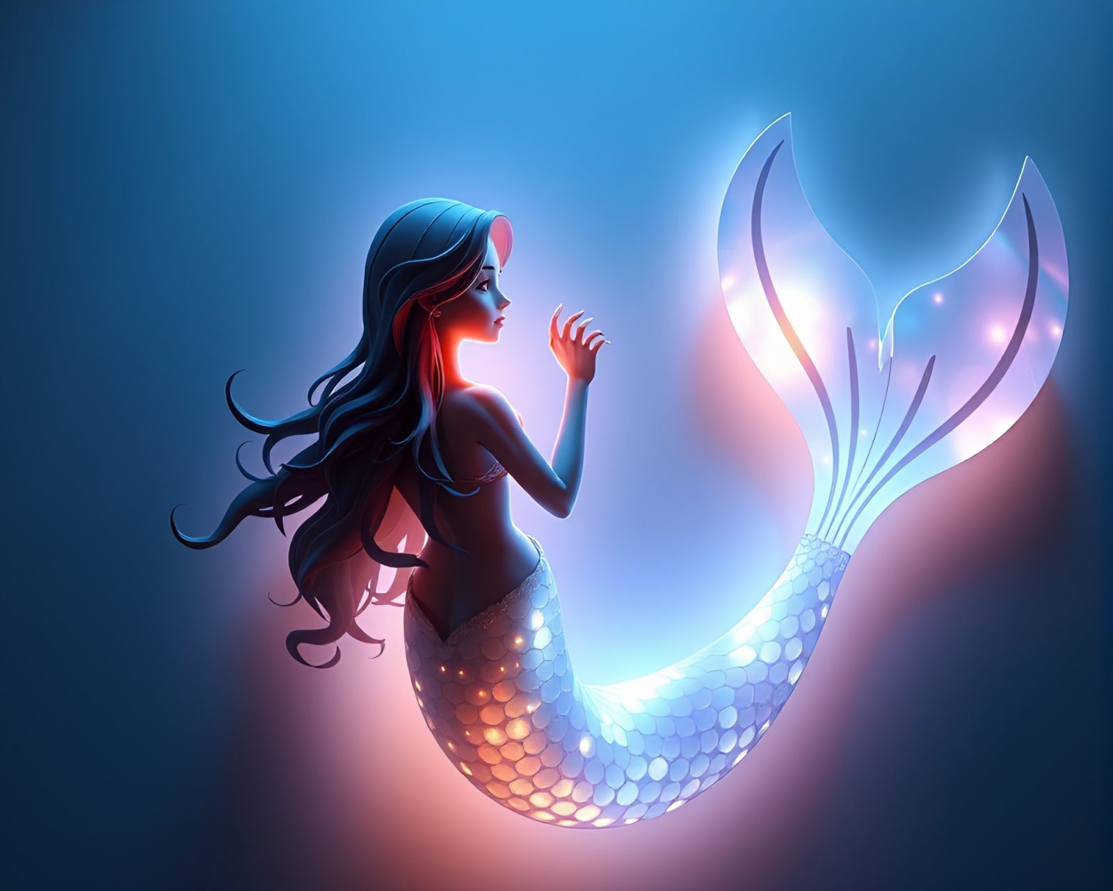 Glowing mermaid surrounded by torn paper in 3D art