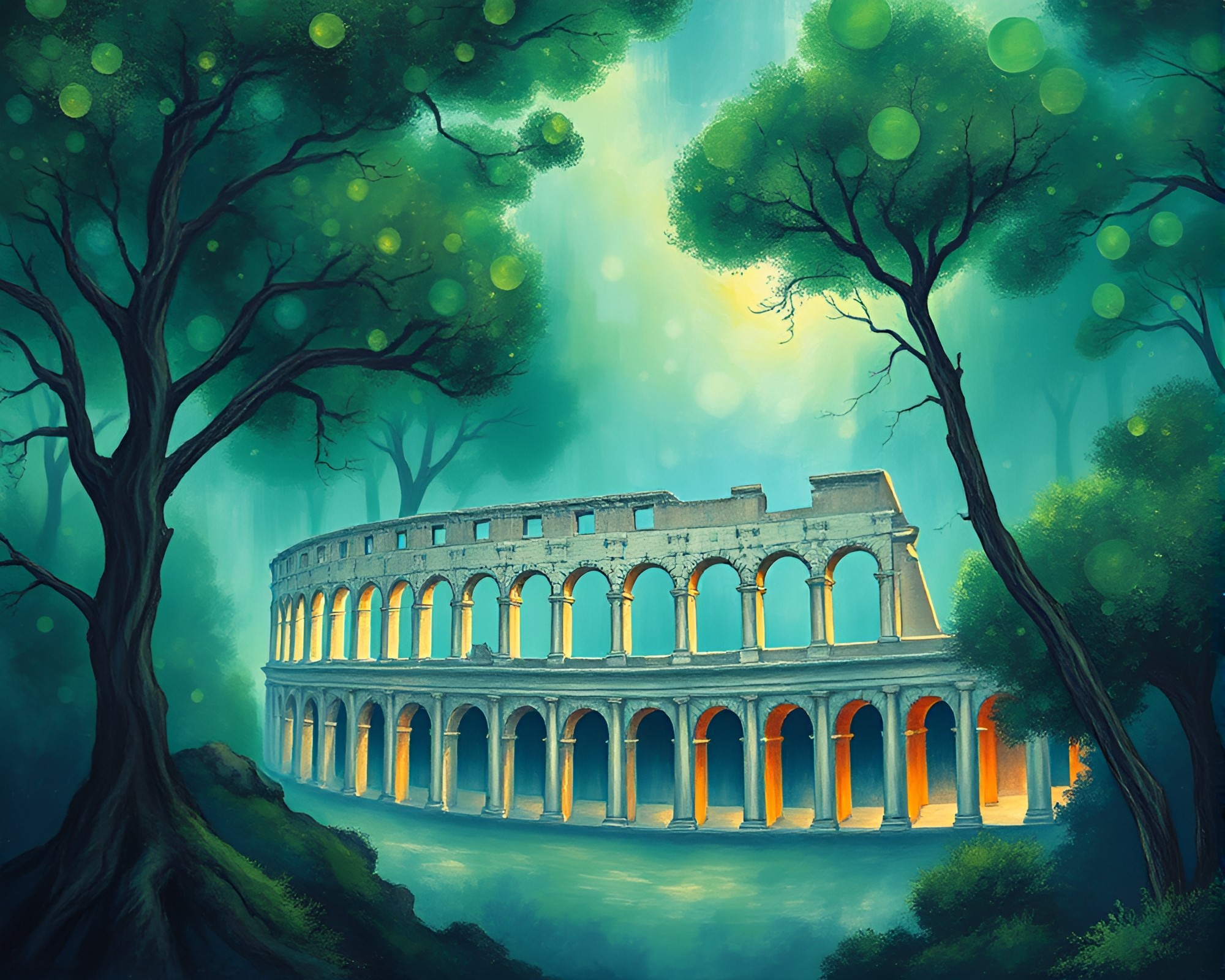 Enchanted Forest Green Roman Coliseum Bubble Clusters Impressionist Painting – free AI stock image