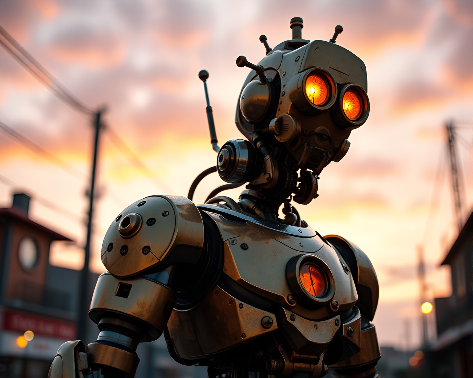 Steampunk Robot Graffiti at Golden Hour Dusk – free AI stock image