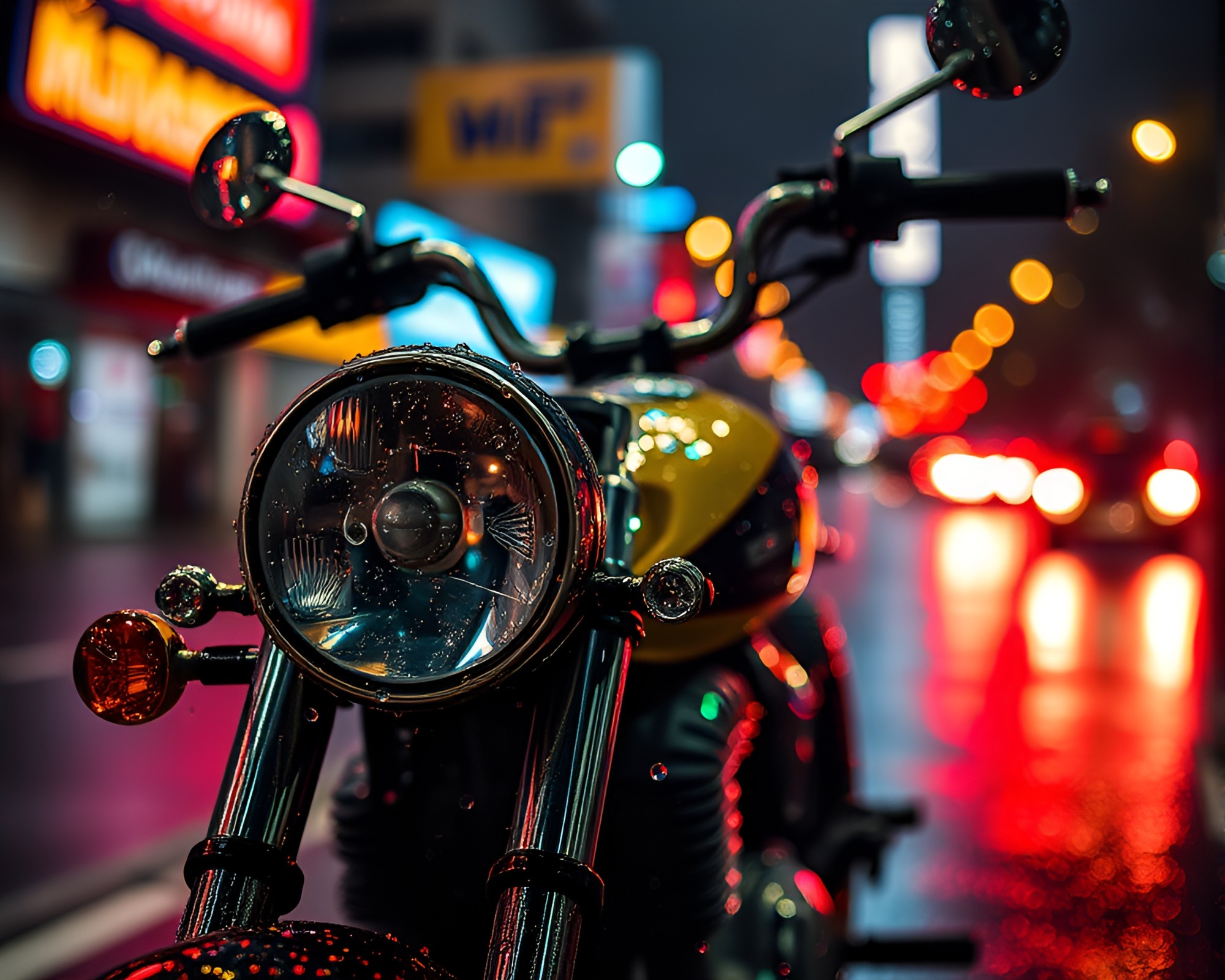 Neon Motorcycle Reflection on Wet Glass Beads – free AI stock image