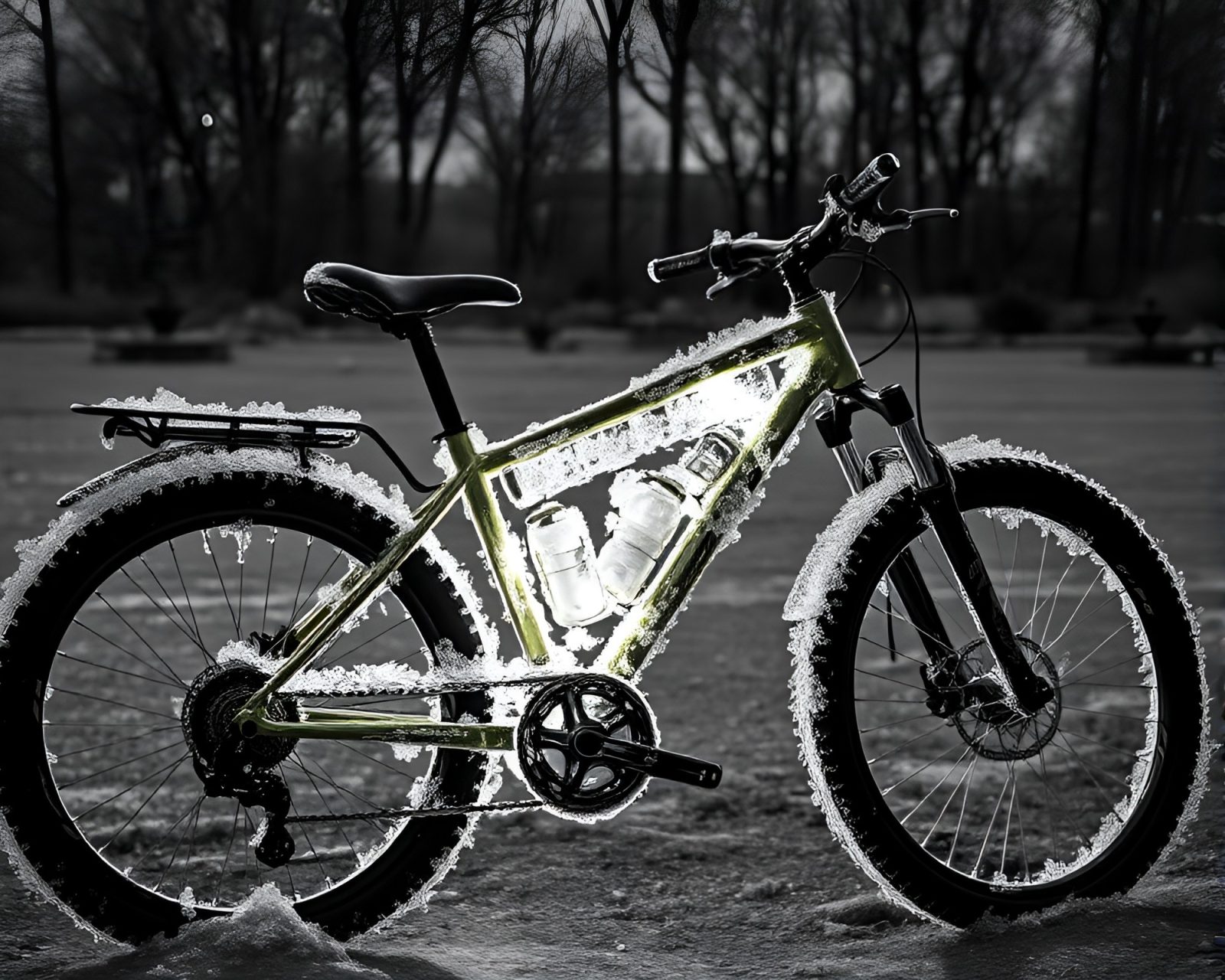 Selective color image of solar bike covered in ice