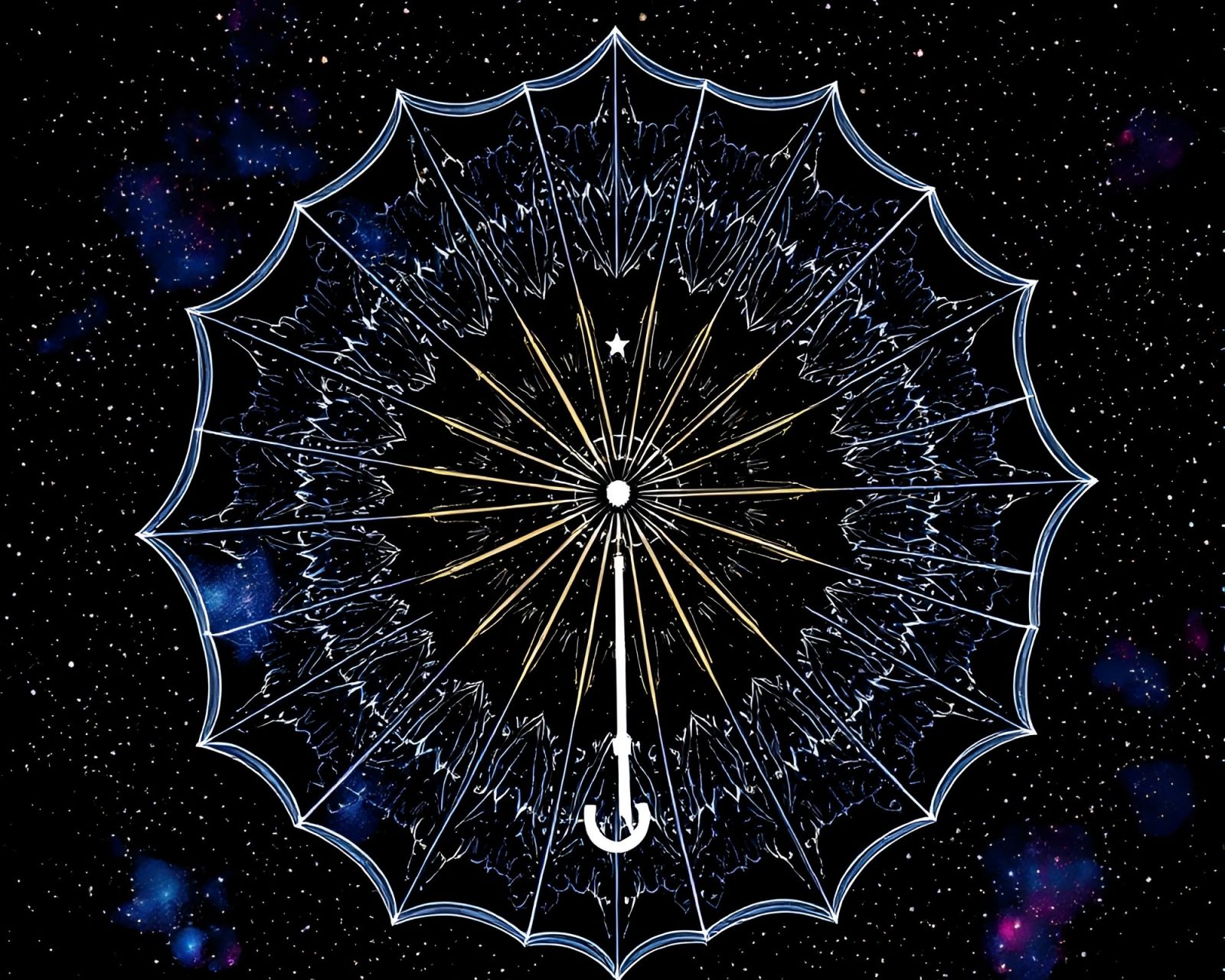 Umbrella-shaped cosmic dust pattern in intricate line art