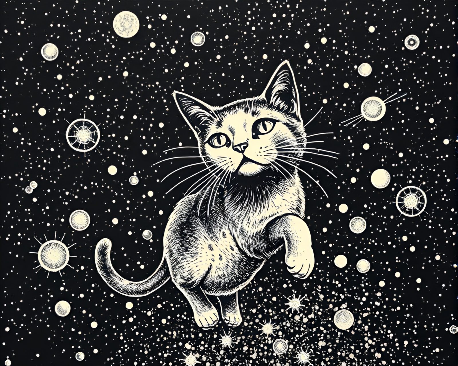 A surreal depiction of Schrodinger's cat surrounded by floating particles in space