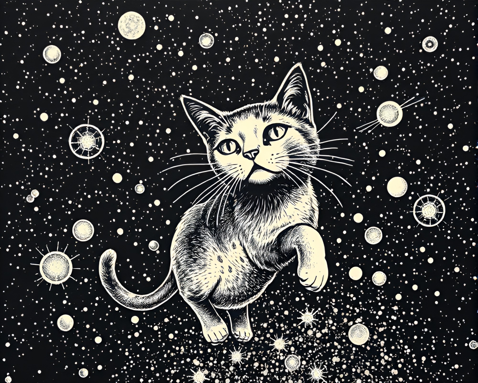 Schrodinger’s Cat in Cosmic Particles Linocut Print – free AI stock image