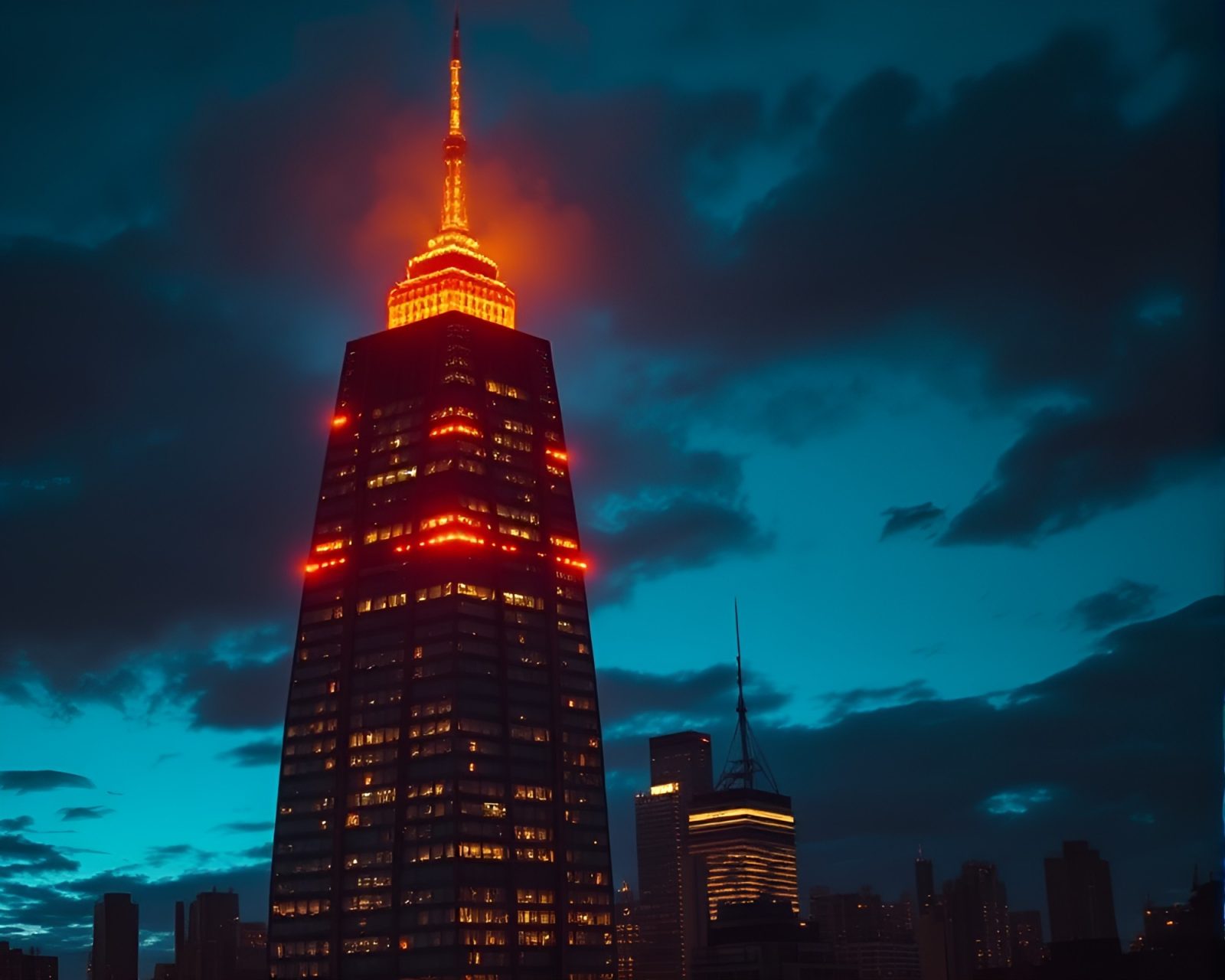 Majestic skyscraper silhouette with floating embers in dim blue-hour lighting