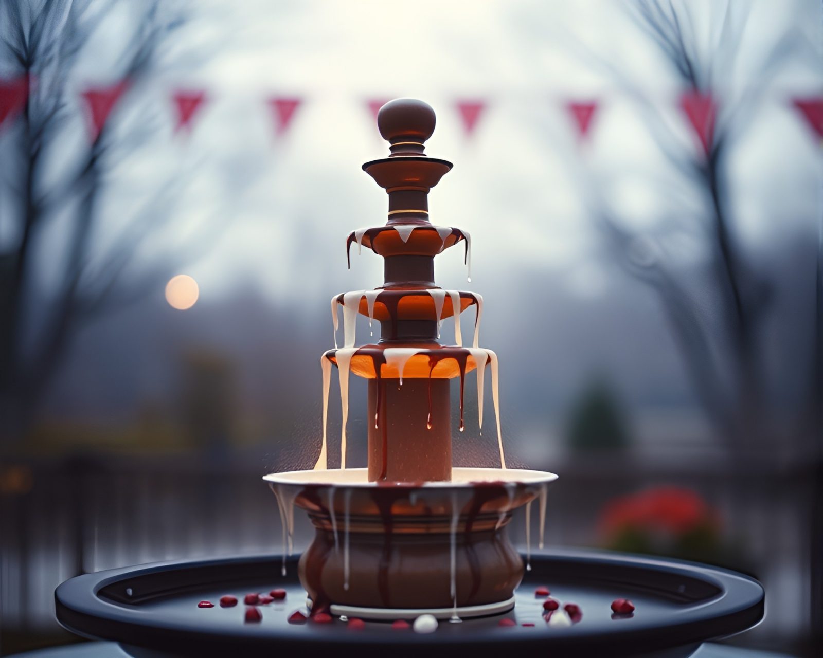 Mini chocolate fountain surrounded by torn paper pieces in tilt-shift