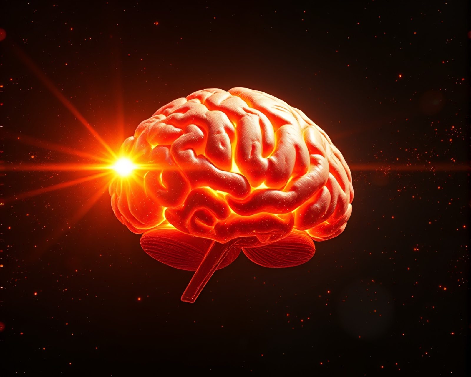 Stereoscopic 3D image of AI brain amidst cosmic dust.