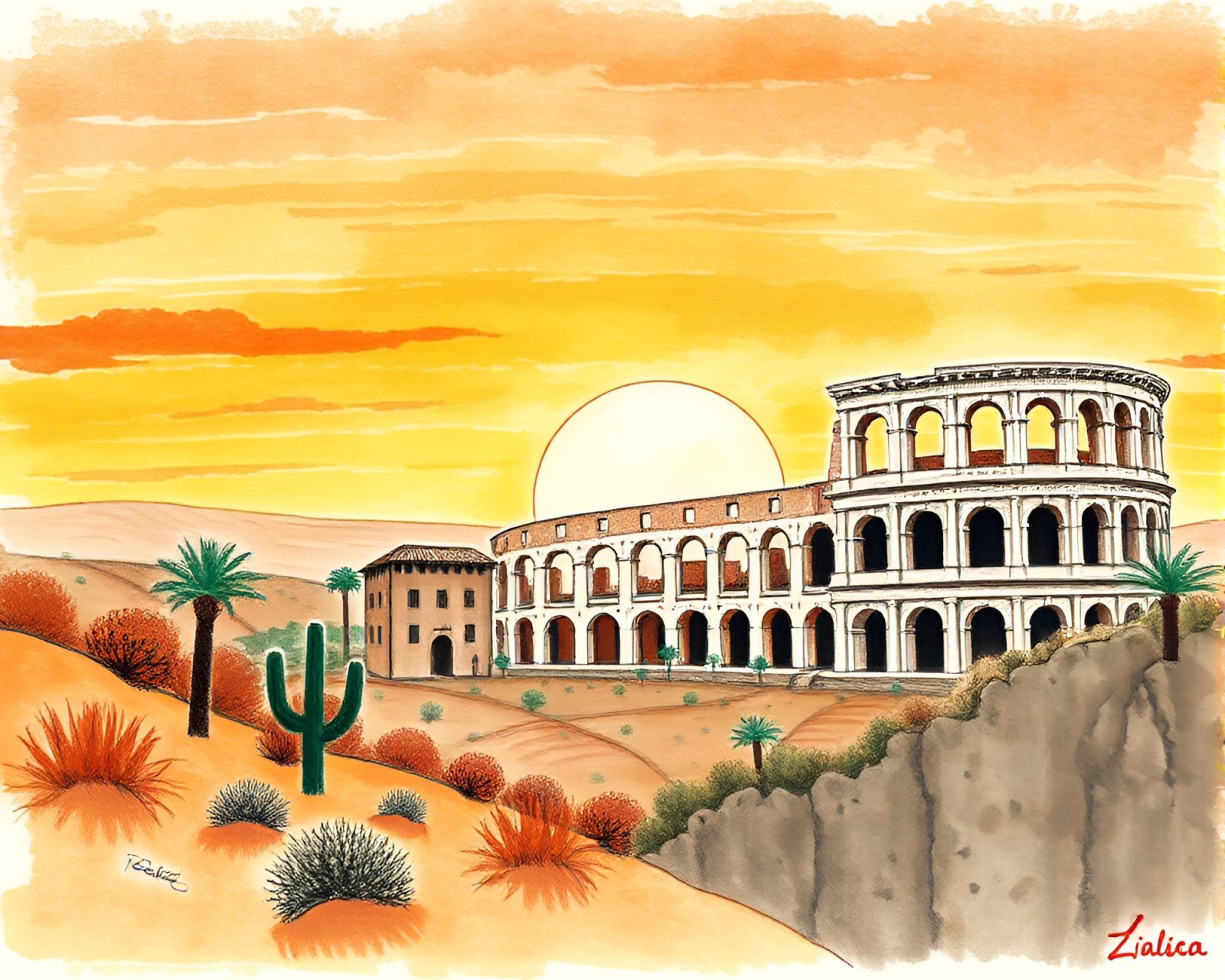 Vignette-bordered drawing of a Roman coliseum in a desert sunset