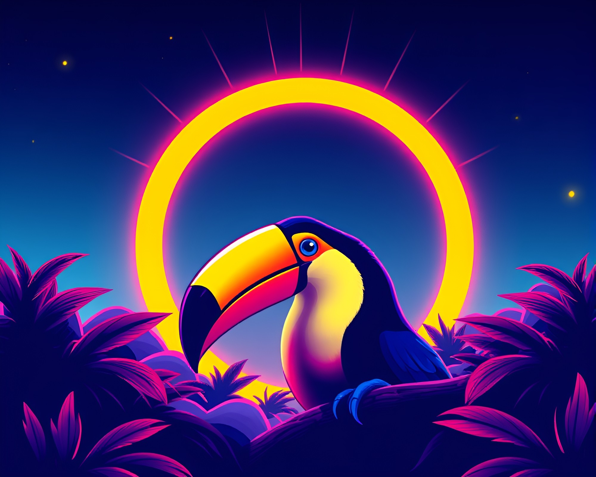 Synthwave-style Toucan Vignette with Starburst Colors – free AI stock image