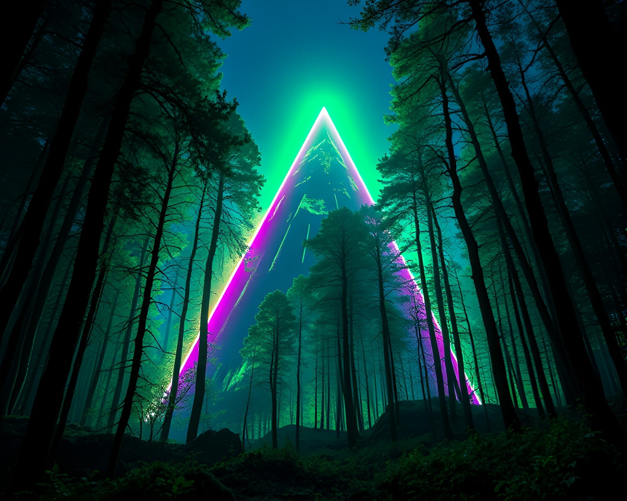 Enchanted Forest Monolith in Neon Lens Distortion – free AI stock image