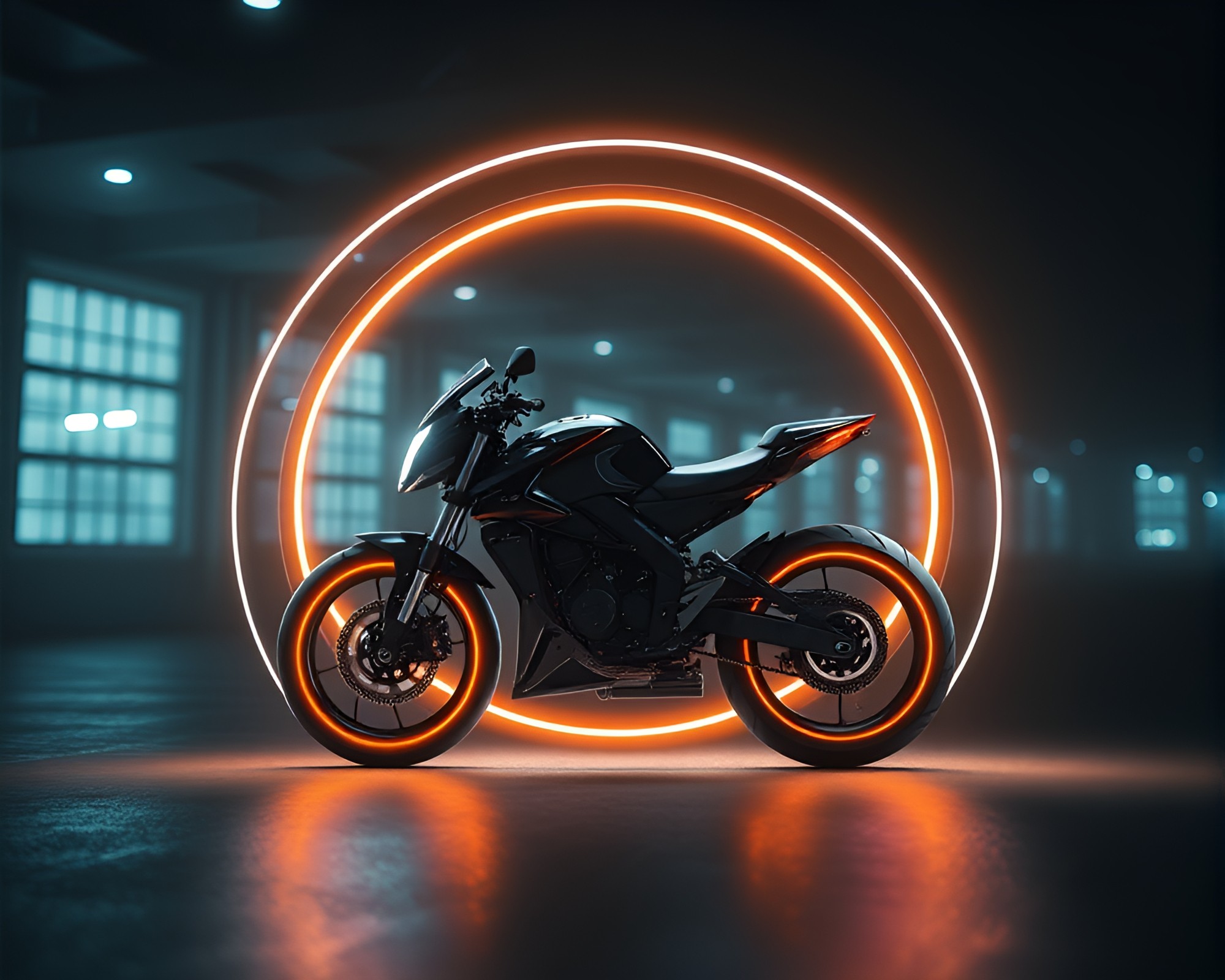 Futuristic Hoverbike Racing Through Circular Neon Frame – free AI stock image