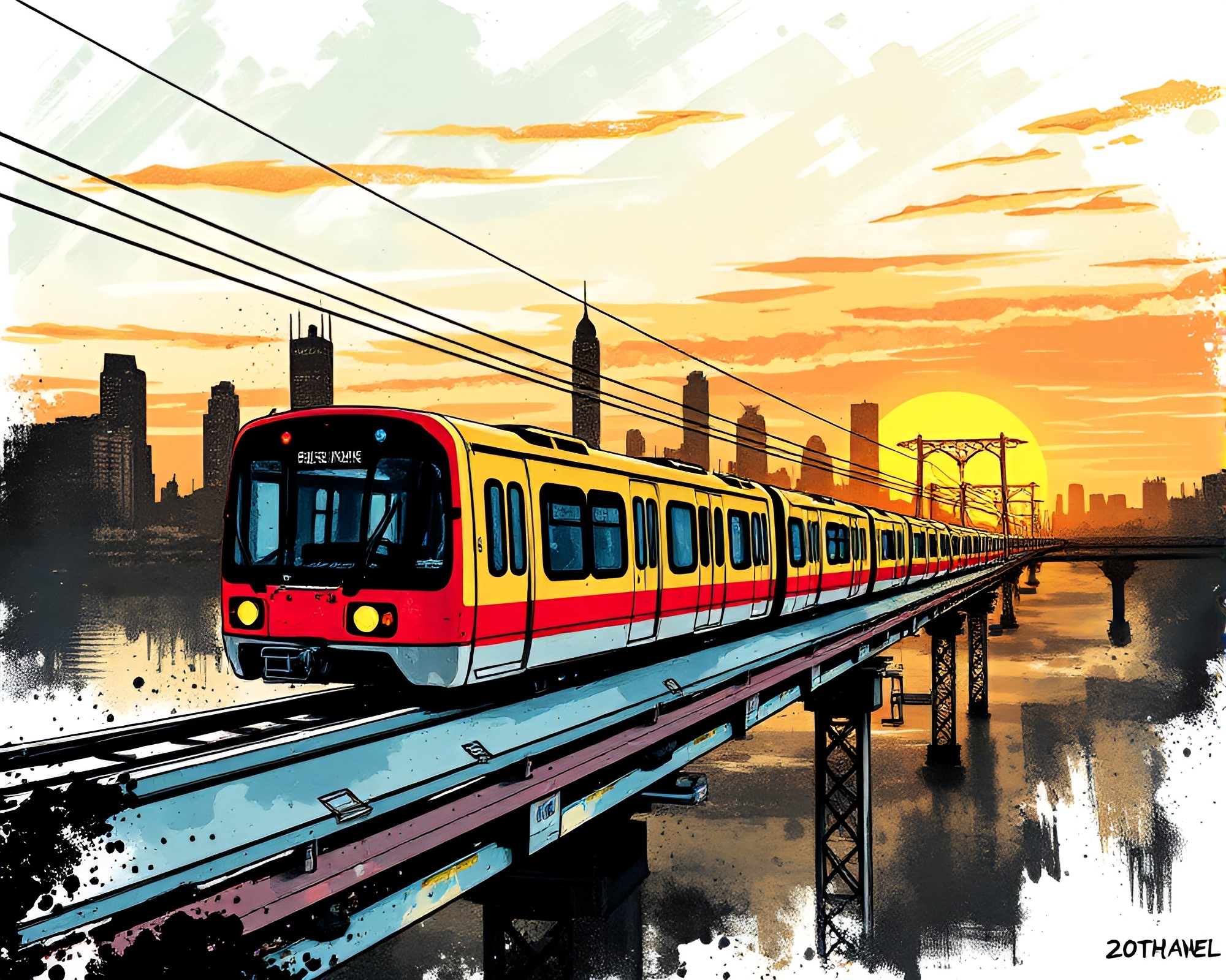 Monorail Sunset in Technical Ink Illustration – free AI stock image