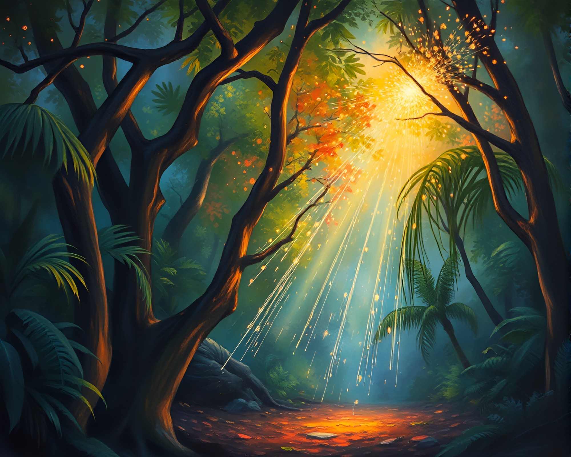 Mystical Armor Sparkler Trails in Jungle Canopy Shade – free AI stock image