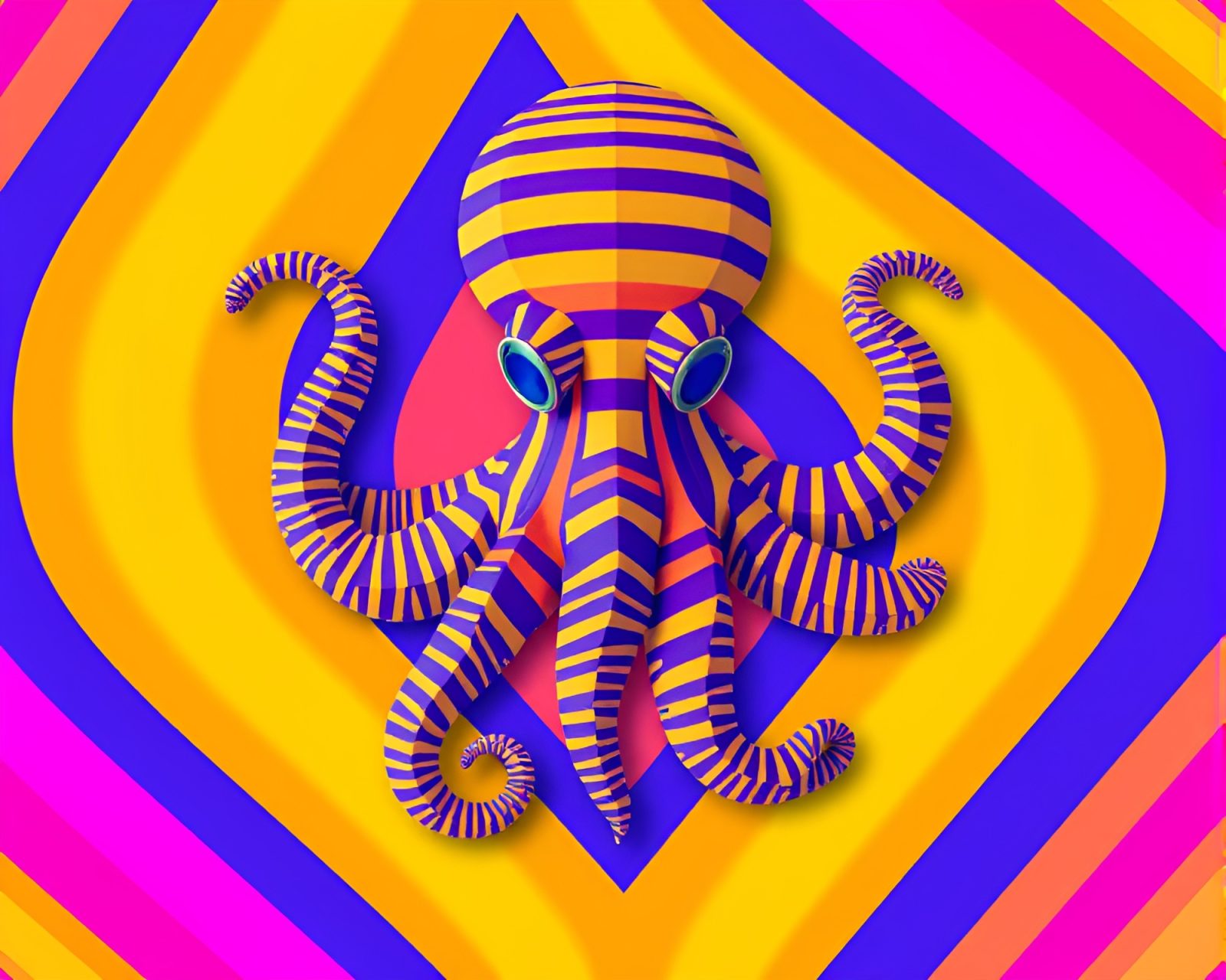 Colorful hyper-saturated striped origami octopus sculpture floating