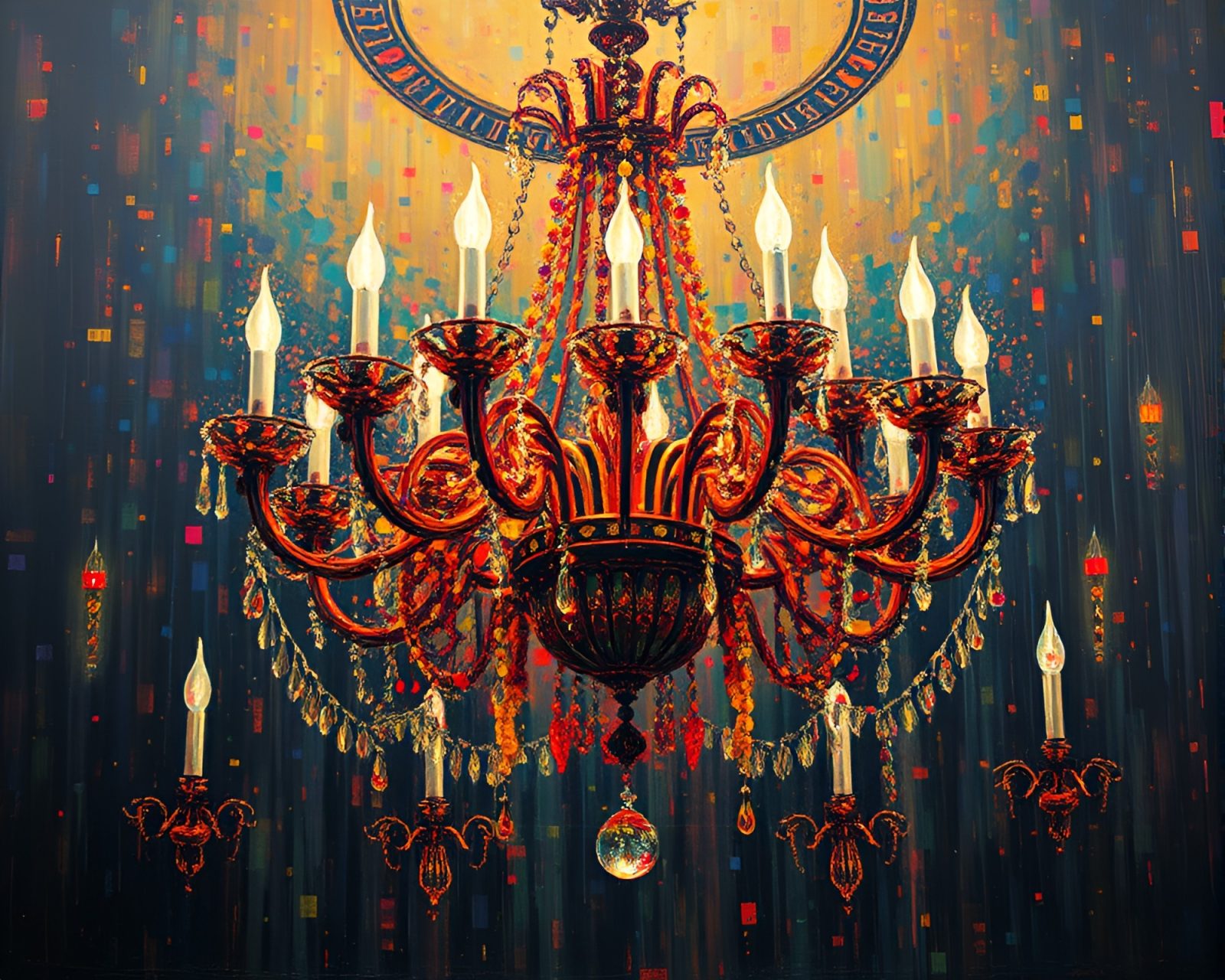 Oil painting of glitchy Victorian chandelier with colorful confetti burst