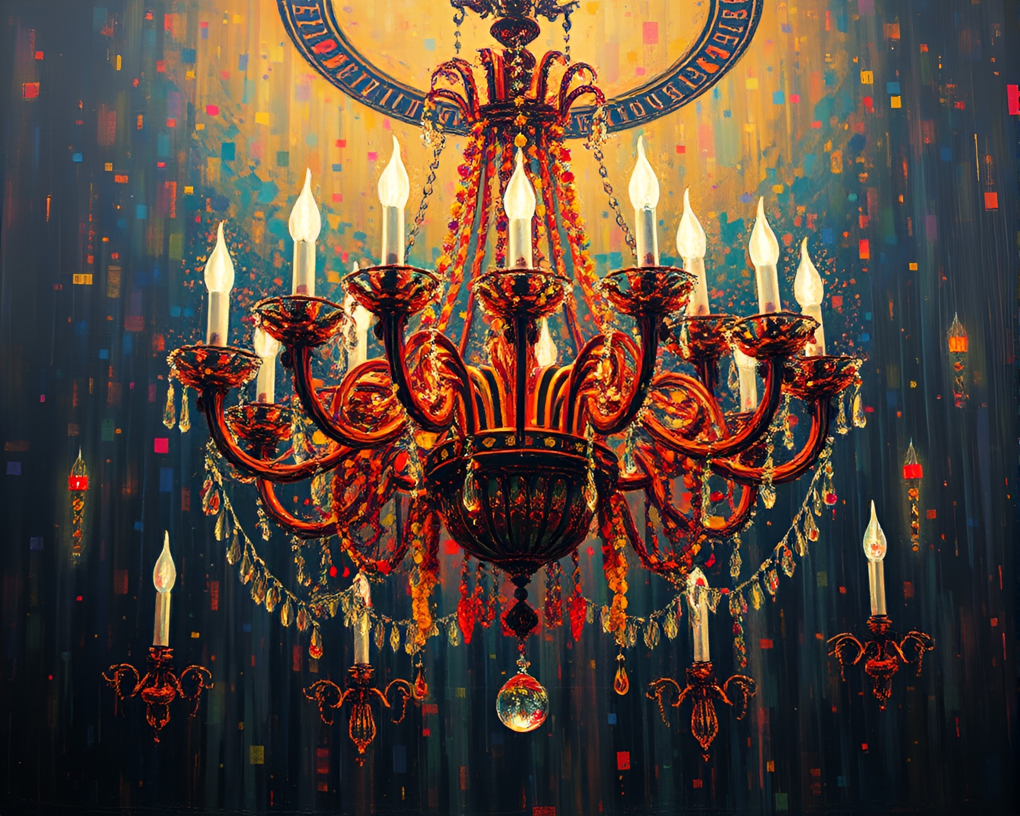Victorian Chandelier Glitch Art: Color Burst Confetti Chaos – free AI stock image