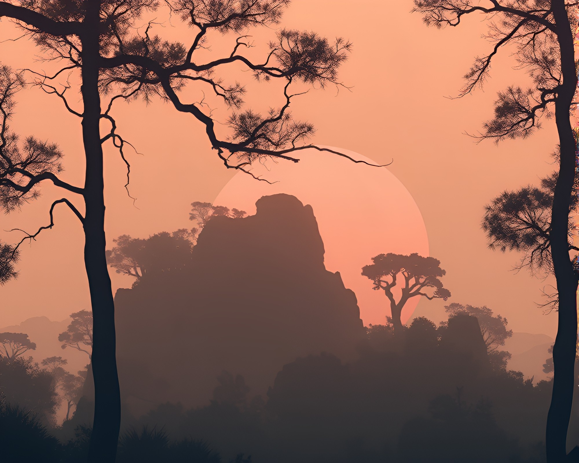Ancient Grove Silhouette: Vaporwave Fantasy – free AI stock image