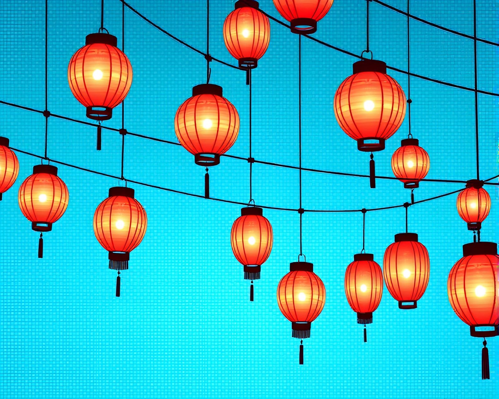 Tranquil scene of floating lanterns in ocean-blue palette