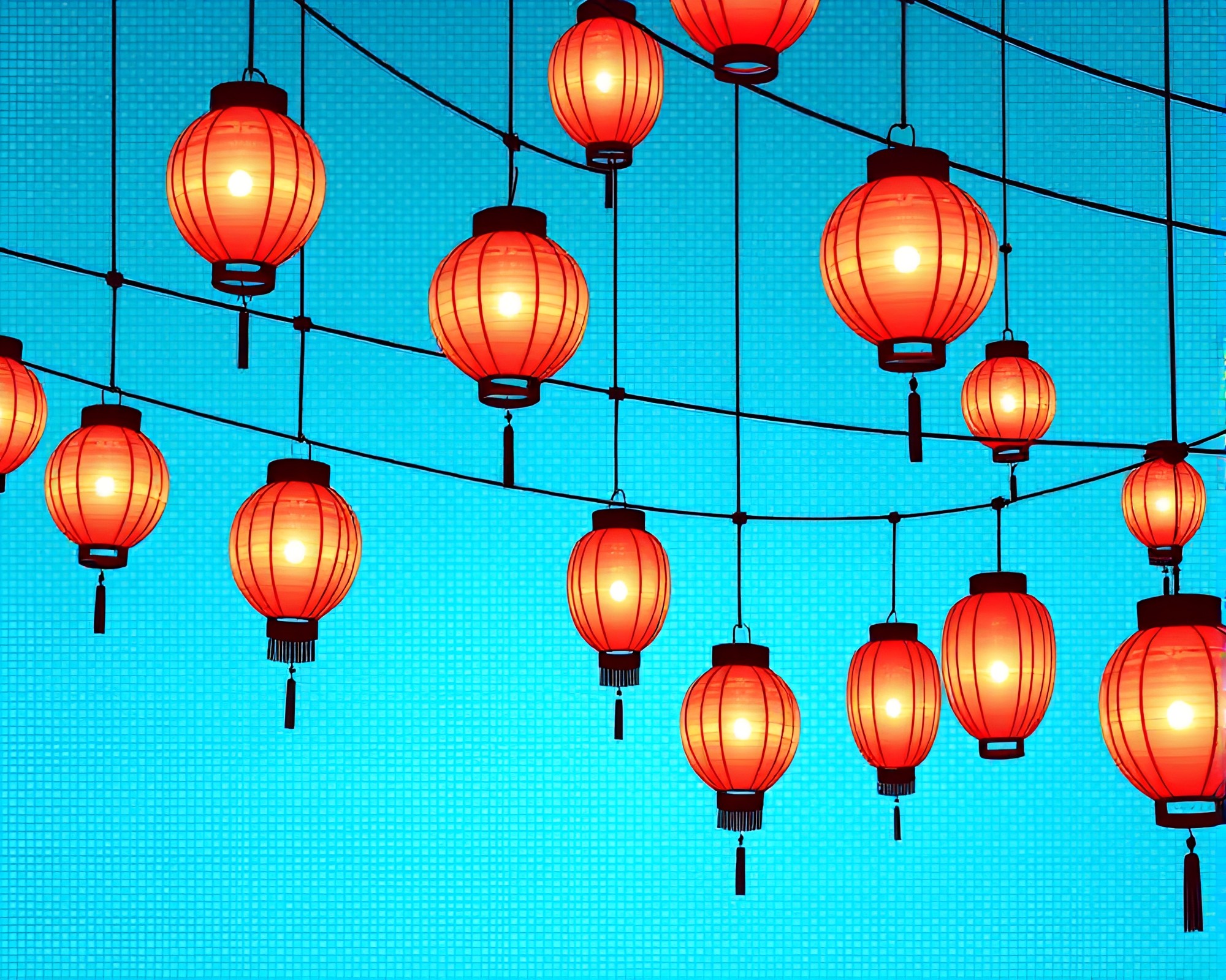 Serene Ocean Lanterns Amidst Halftone Hair Simulation – free AI stock image