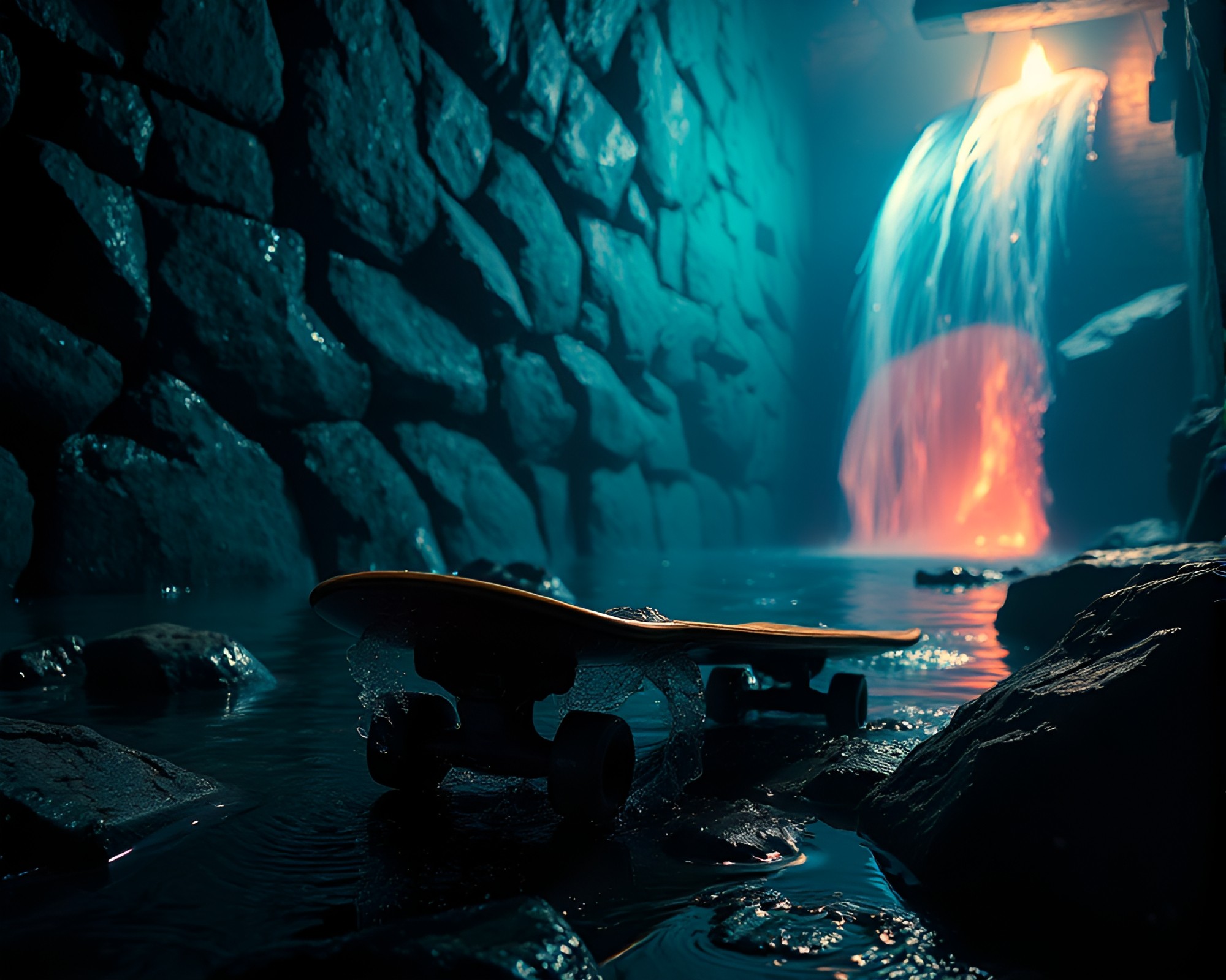 Underground Skateboard Session in Ultraviolet Dungeon Light – free AI stock image