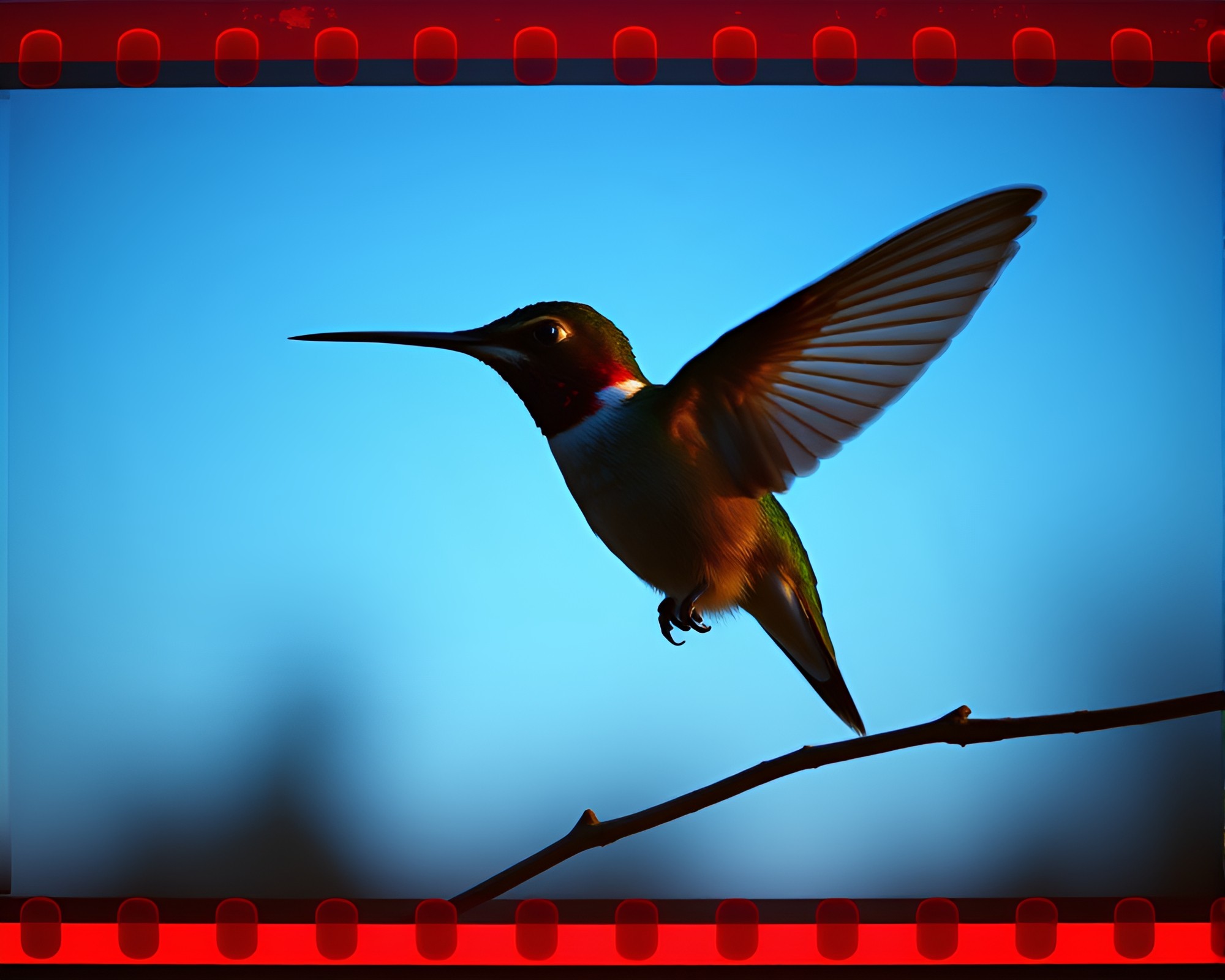 Twilight Hummingbird with Film Sprocket Halo – free AI stock image