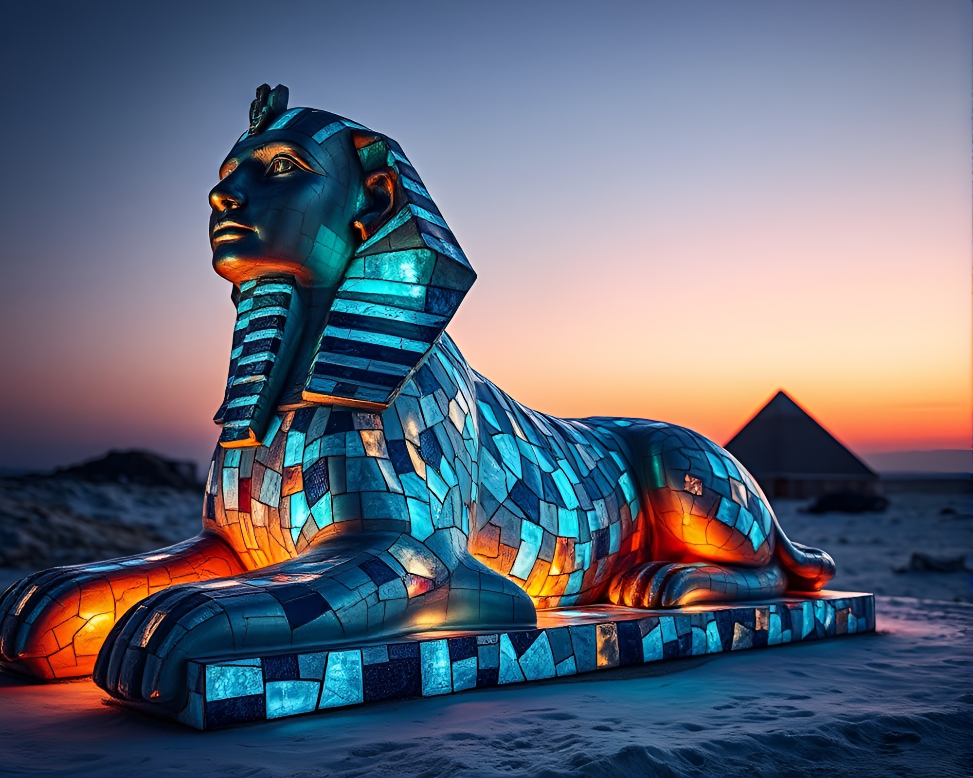 Sphinx Statue Amid Broken Mosaic Fragments at Twilight – free AI stock image