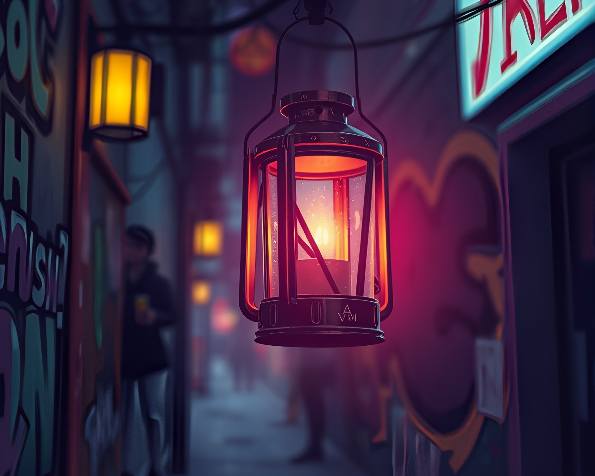 Cyberpunk Lantern Alley with Graffiti – free AI stock image