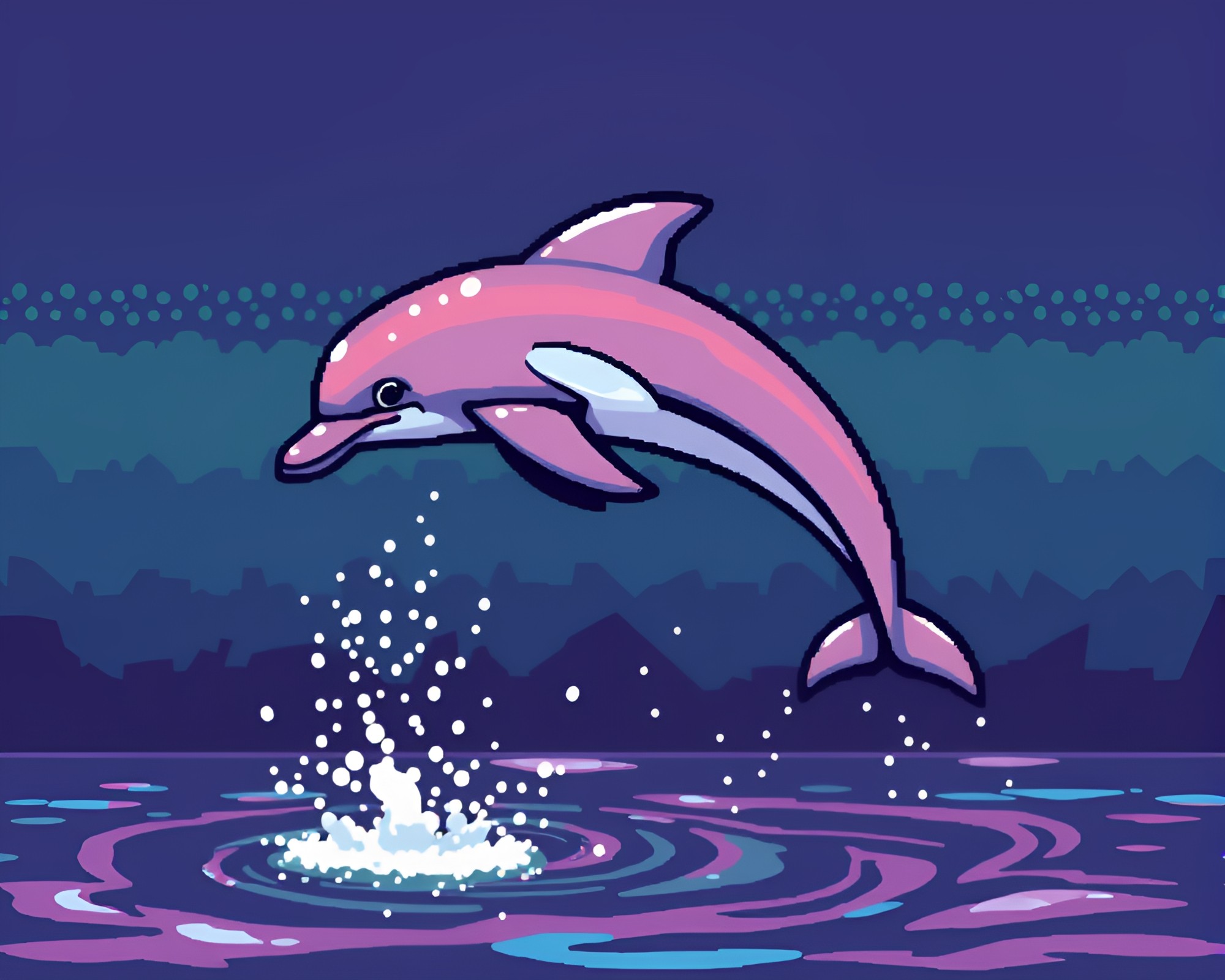 Water Droplets Dance with Amazon River Dolphin in 8-Bit Graffiti World – free AI stock image