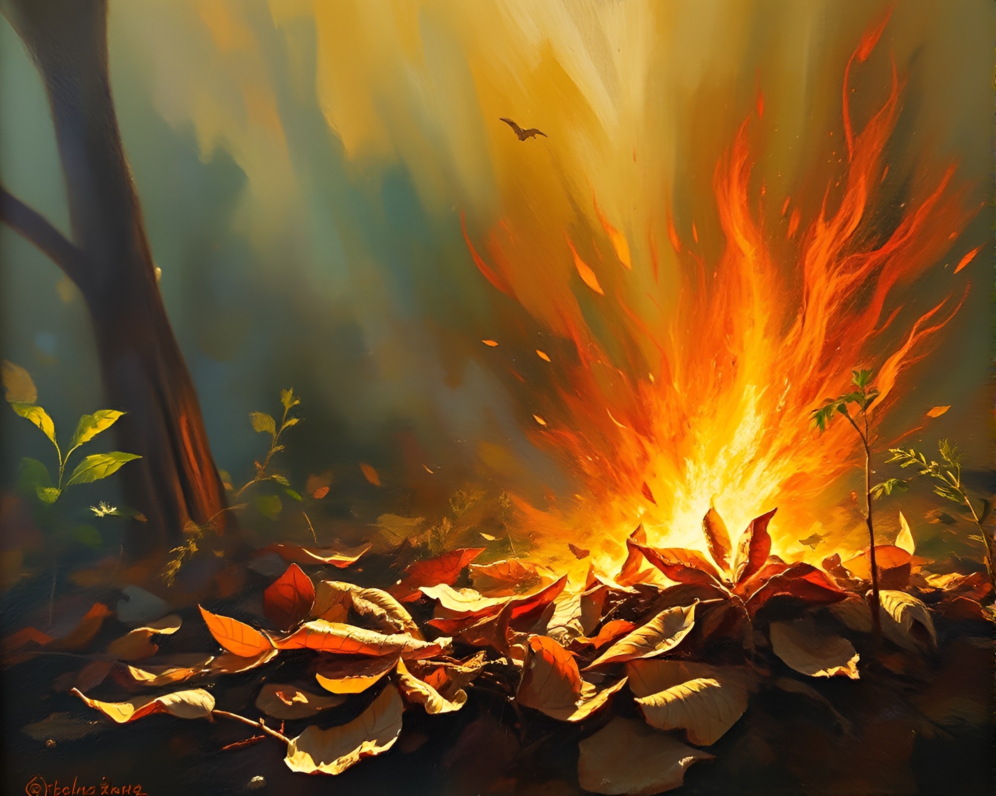 Phoenix Rising from Leaf Litter with Lens Flare – free AI stock image