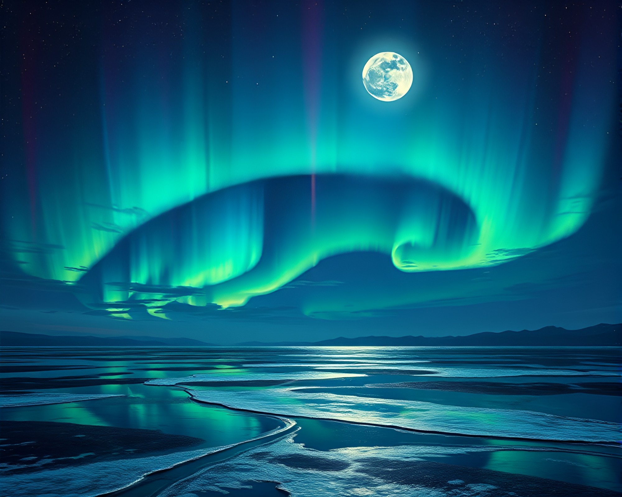 Aurora Oil Slick Rainbow in Hyper-Realistic Moonlit Night – free AI stock image