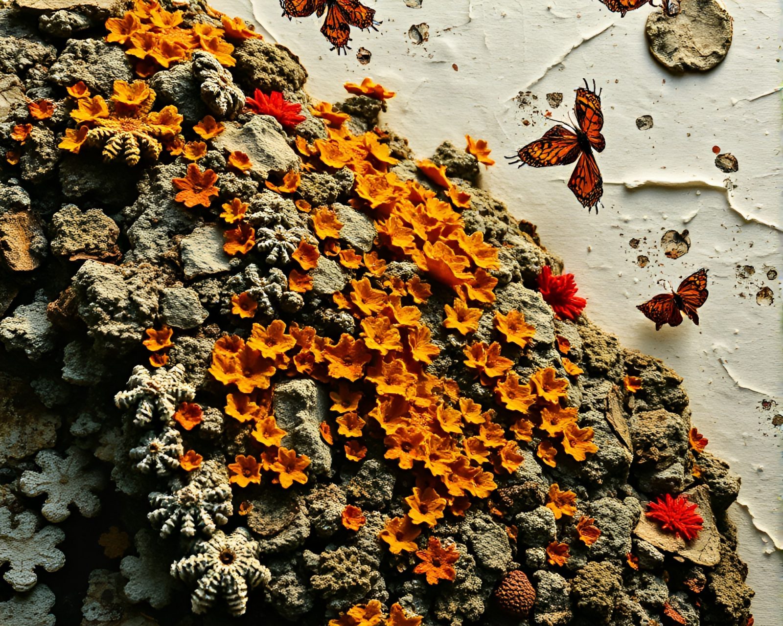 Vibrant collage of lichen textures on coral atoll under warm library lamp glow