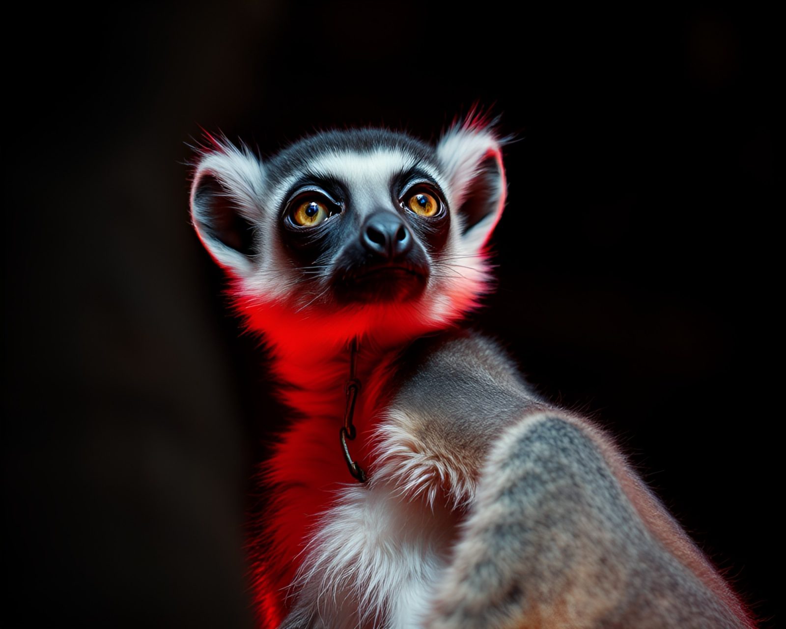 Majestic lemur surrounded by ruby red foliage at dusk